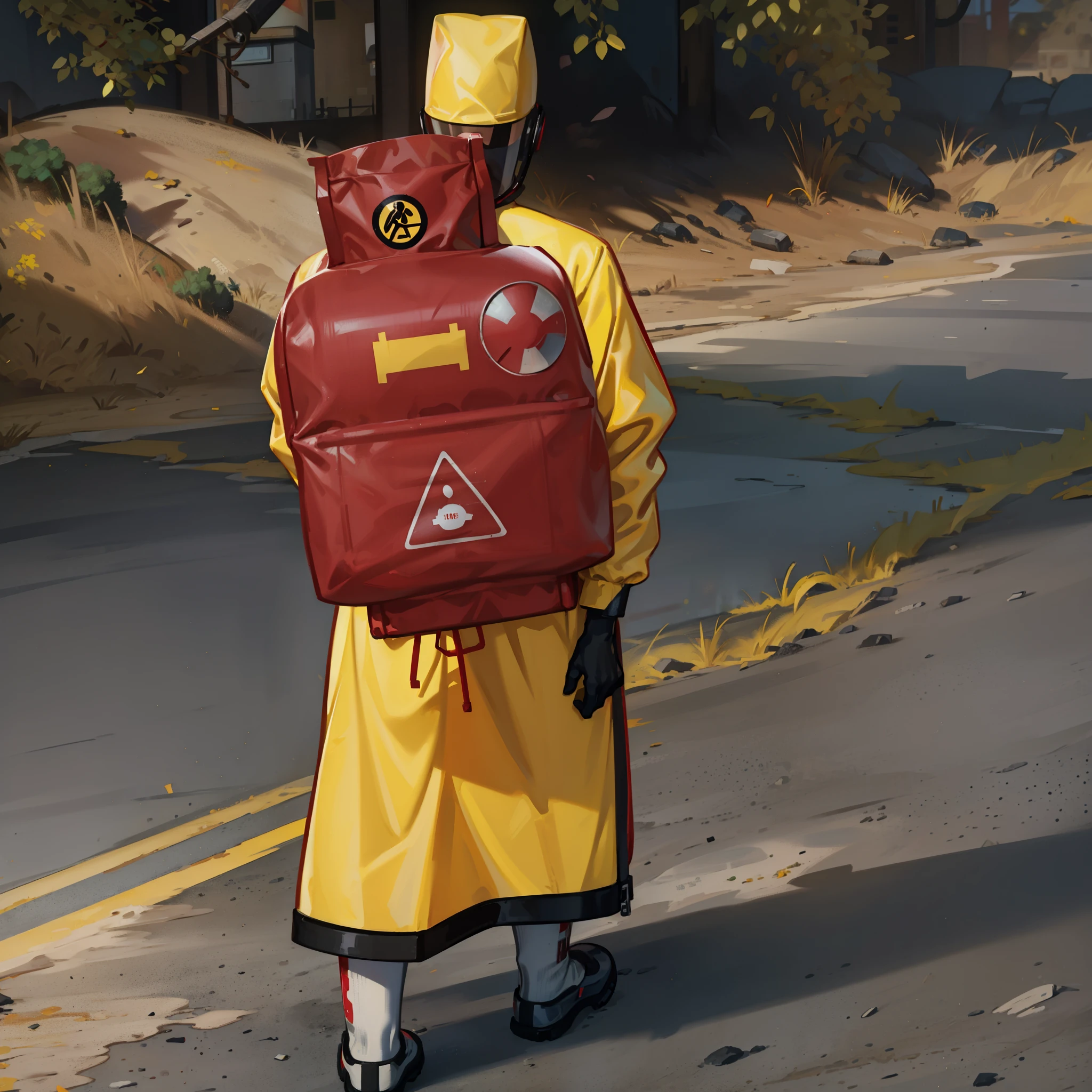 there is a man in a yellow raincoat and a red gas can, wearing red and yellow hero suit, hazmat, cyber penguin in fallout 4, nuclear fashion, naruto in gta v, hazmat suits, one single man in a hazmat suit, walter white in animal crossing, walter white fortnite skin, walter white in gta 5, carrying survival gear
