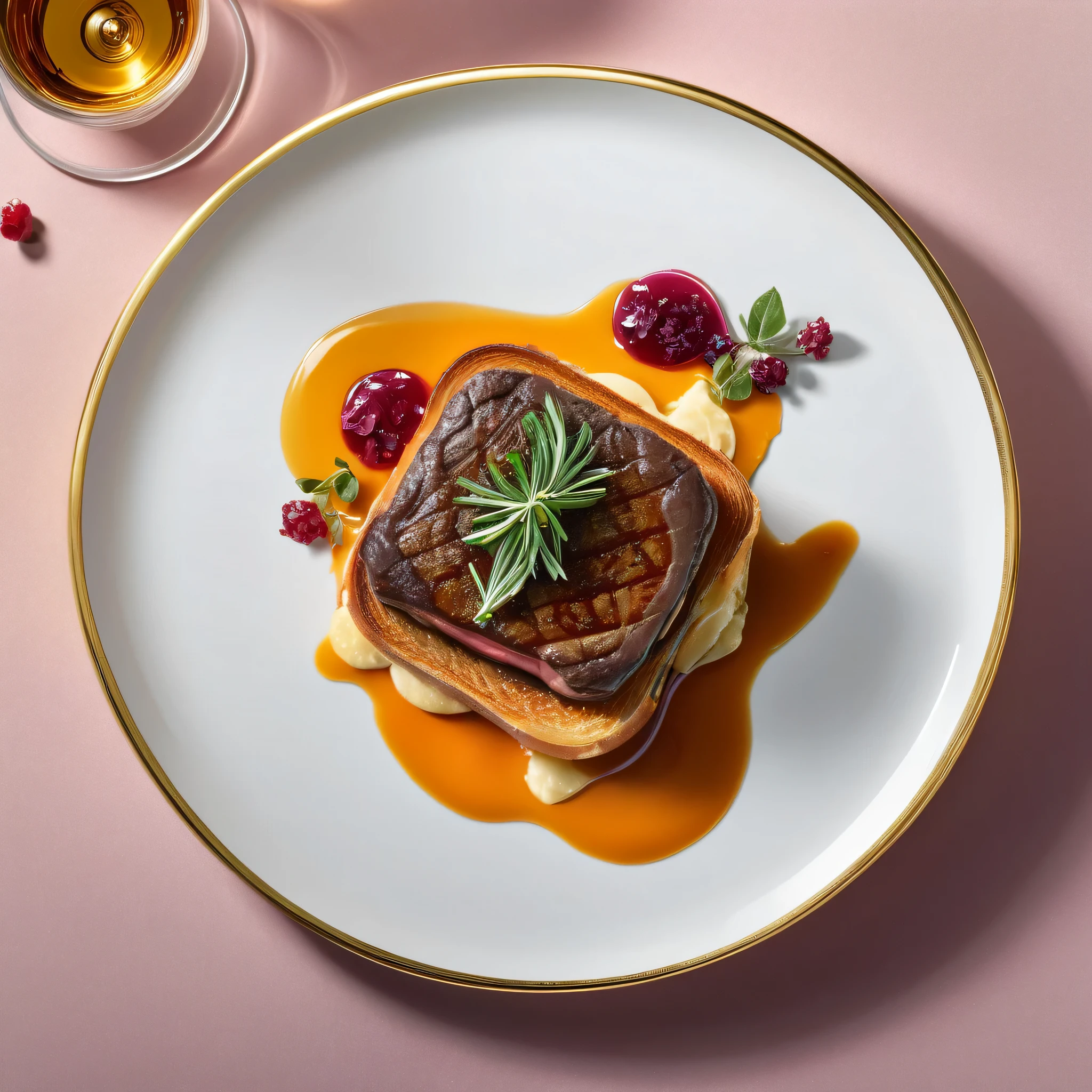 Create a close-up UHD 64k masterpiece digital food illustration of a Tournedos Rossini from Le Louis XV-Alain Ducasse, Monaco. Place a slice of foie gras on top of the beef tenderloin steak, then place on a brioche toast. Use high-end graphics in this illustration.