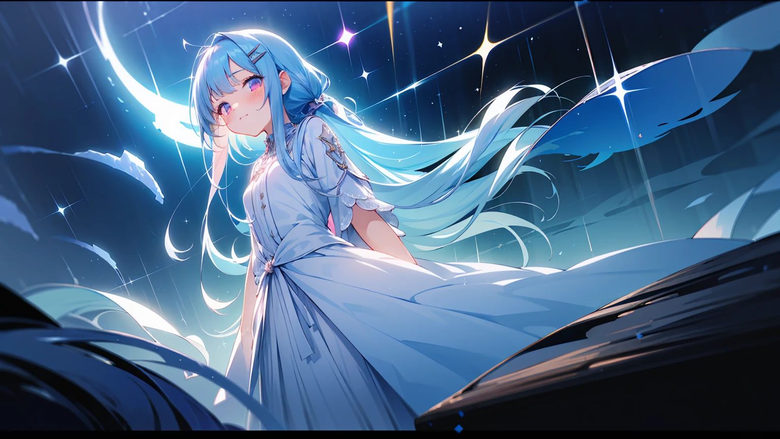 masterpiece, best quality, extremely detailed, (illustration, official art:1.1), 1 girl ,(((( light blue long hair)))), light blue hair, ,, long hair ((blush)) , cute face, big eyes, masterpiece, best quality,(((((a very delicate and beautiful girl))))),Amazing,beautiful detailed eyes,blunt bangs((((little delicate girl)))),tareme(true beautiful:1.2), sense of depth,dynamic angle,affectionate smile, (true beautiful:1.2),,(tiny 1girl model:1.2),(flat chest)),
Soft Focus , (Bright gradient watercolor :1.5, Lens Flare:1.5 , Glitter :1.5),(Masterpiece, top quality, super detailed CG, ultra detailed beautiful face and eyes,super detailed, intricate details:1.2), 8k wallpapers, elaborate features,
(1 person, solo:1.4)perfect cartoon illustration,(1 person, solo:1.4),1woman, Hairstyle: long straight dark blue hair with hairclip, expressive eyes, pink eyes(glowing), faint smile, perfect face, medium waist and voluptuous body, pale skin(extreme), wearing Chaldea uniform, Pose: Fullbody, Hands hidden behind back, Standing in water reflecting galaxies, Background: Welsh Castle ruins at night, 8k, best quality, absurdres, from below, looking at viewer,