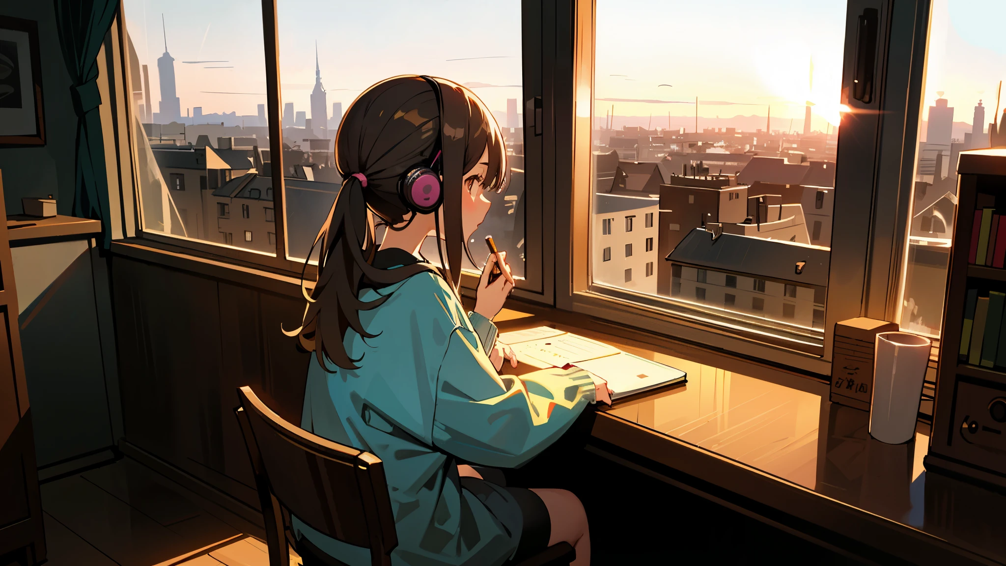 desk placed by the window,Coffee and a half-read book on the desk,desk and chair,sitting in a chair,resting on chin,Rear view of a young woman looking out of a small window in her apartment room, headphones付きgirl ,headphonesを着用する,listen to music, girl watching sunset, 精密に左右対称に描かれたheadphones,Precisely drawn hair and hairstyles,listen to music at 5pm, headphones, overlook the city,Lofi girl,The camera angle is from the woman's back.。