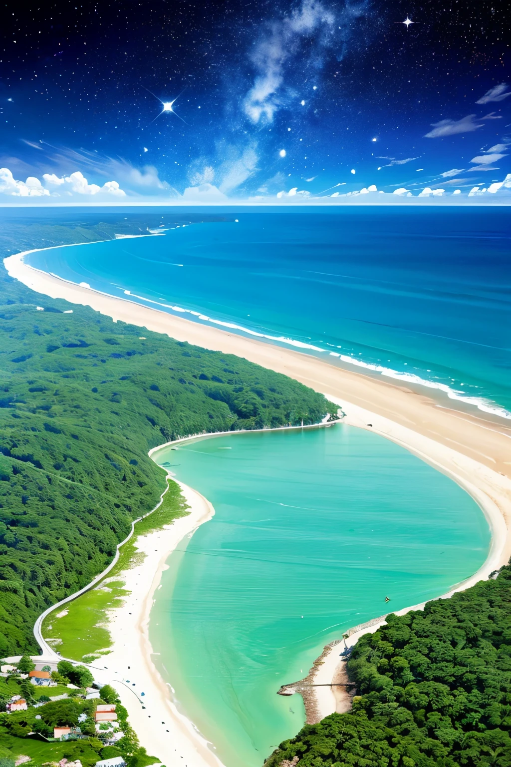 A place that's like a fairy tale. There is a beautiful sea and sandy beaches that sparkle like stars. in the galaxy