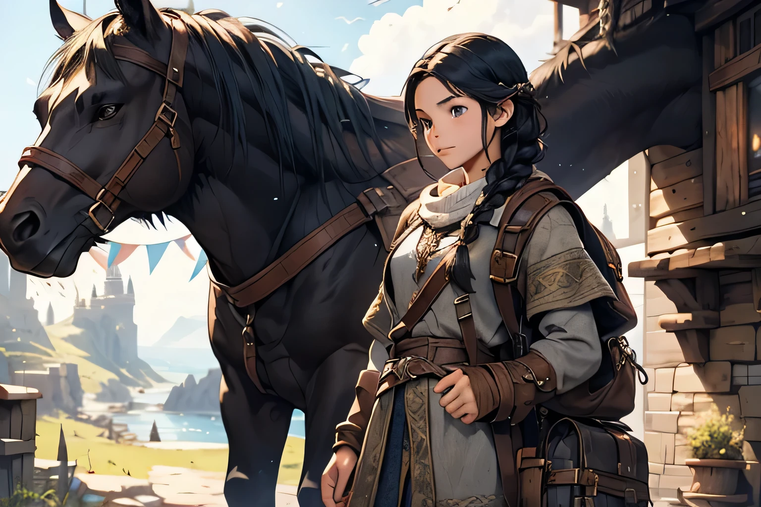 a teenage girl, black hair and braids in traveler clothes ready to go on a long journey, fantasy RPG theme