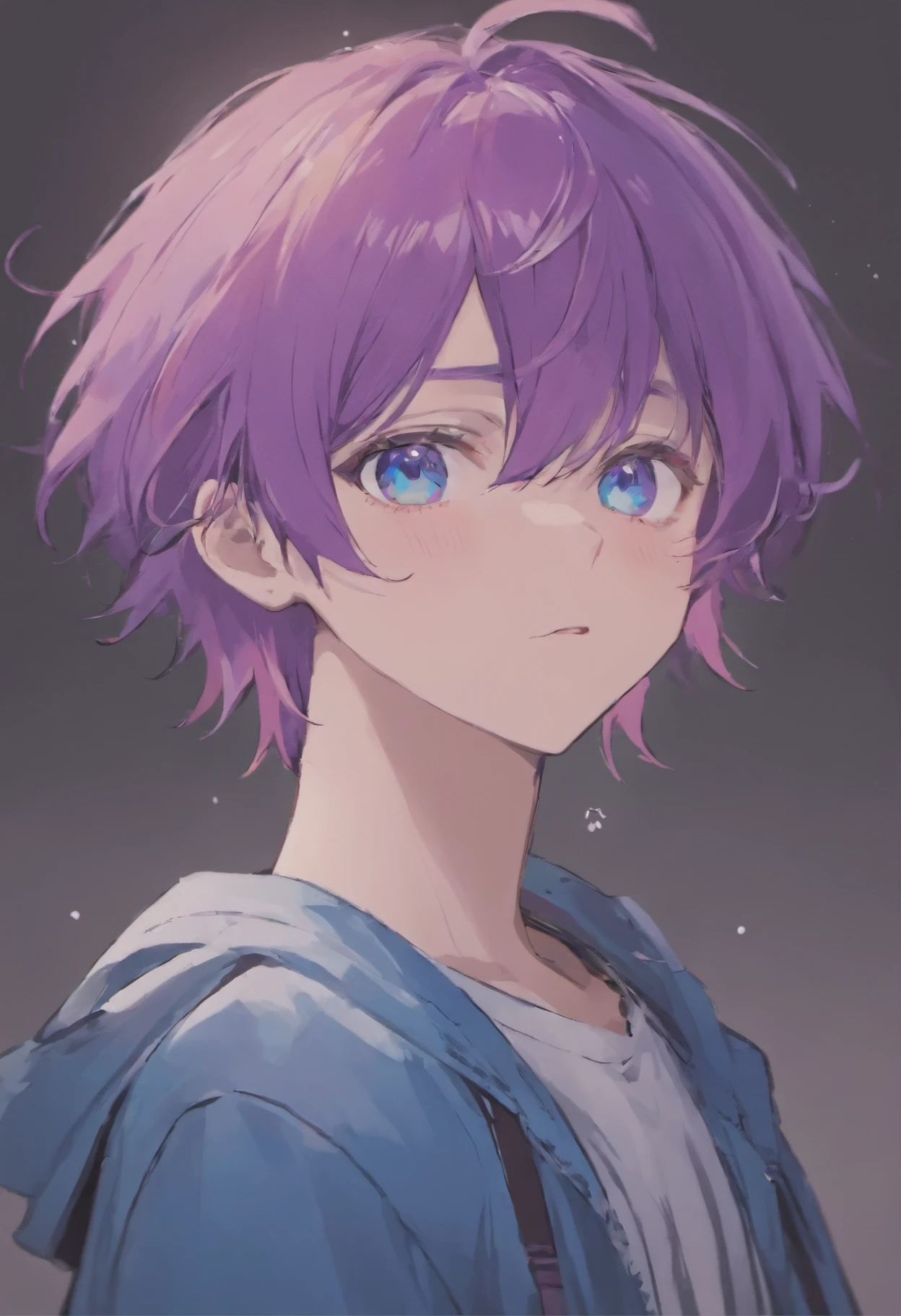 young anime guy with purple hair, Slightly wavy hair, blue eyes, earrings, neutral expression