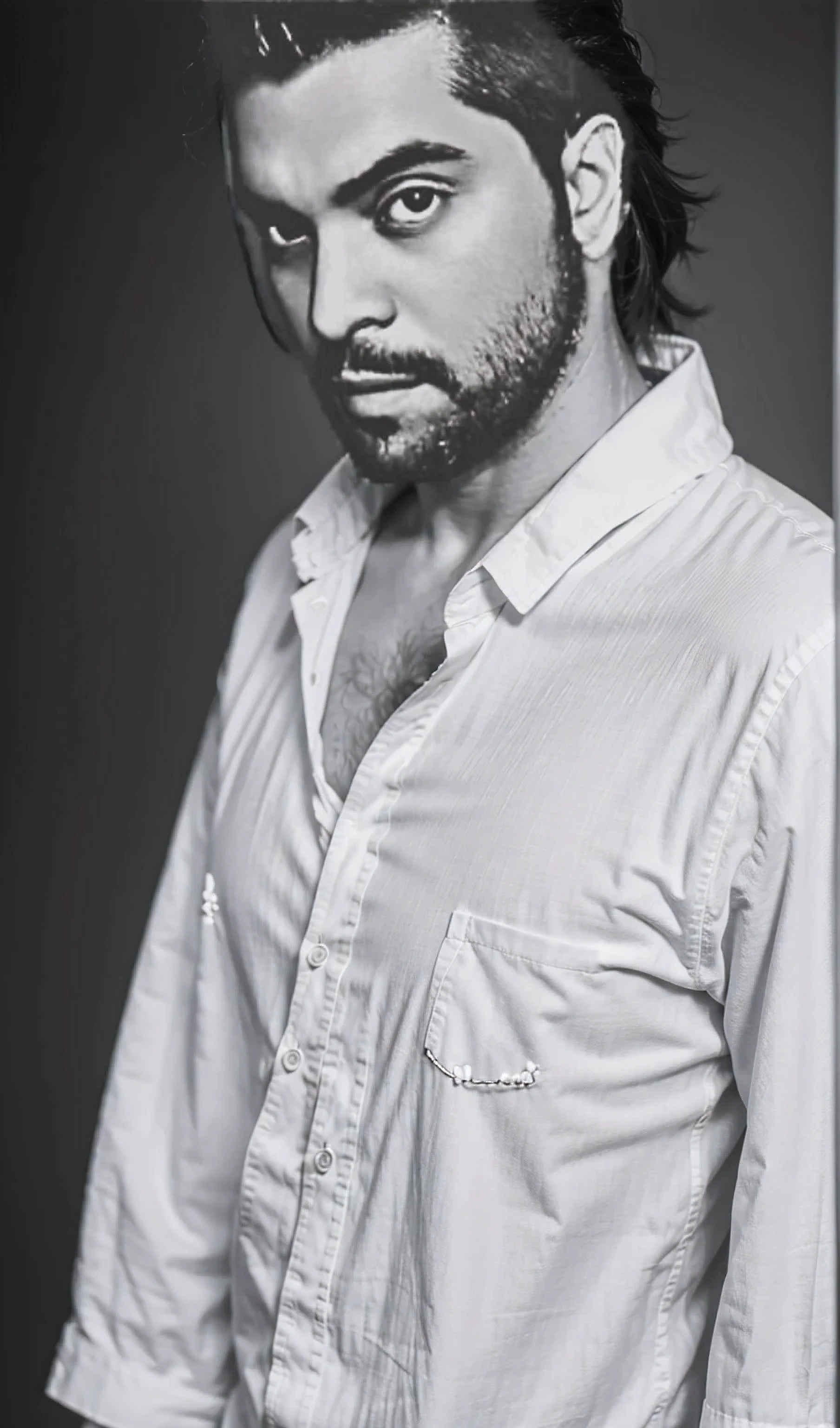 Solo, raw, Realistic portrait of a guy wearing white shirt, B&W, 8K, HDR, Best Quality