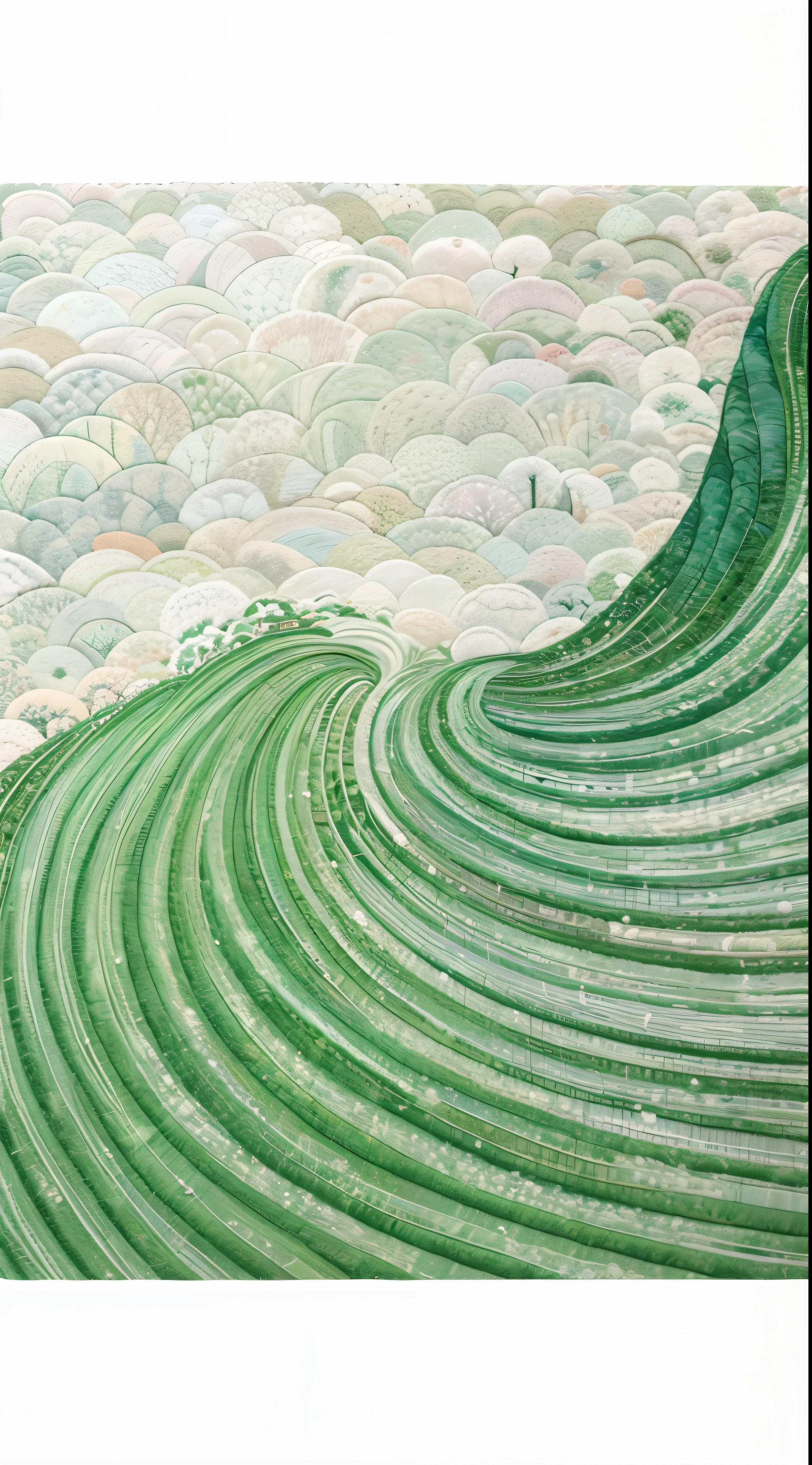 a close up of a quilted green wave with a white background, by Miwa Komatsu, by Kay Sage, inspired by Kay Sage, inspired by David Inshaw, by Ikuo Hirayama, by Hisui Sugiura, by Kawai Gyokudō, by David Inshaw, by Tatsuyuki Tanaka, foamy waves