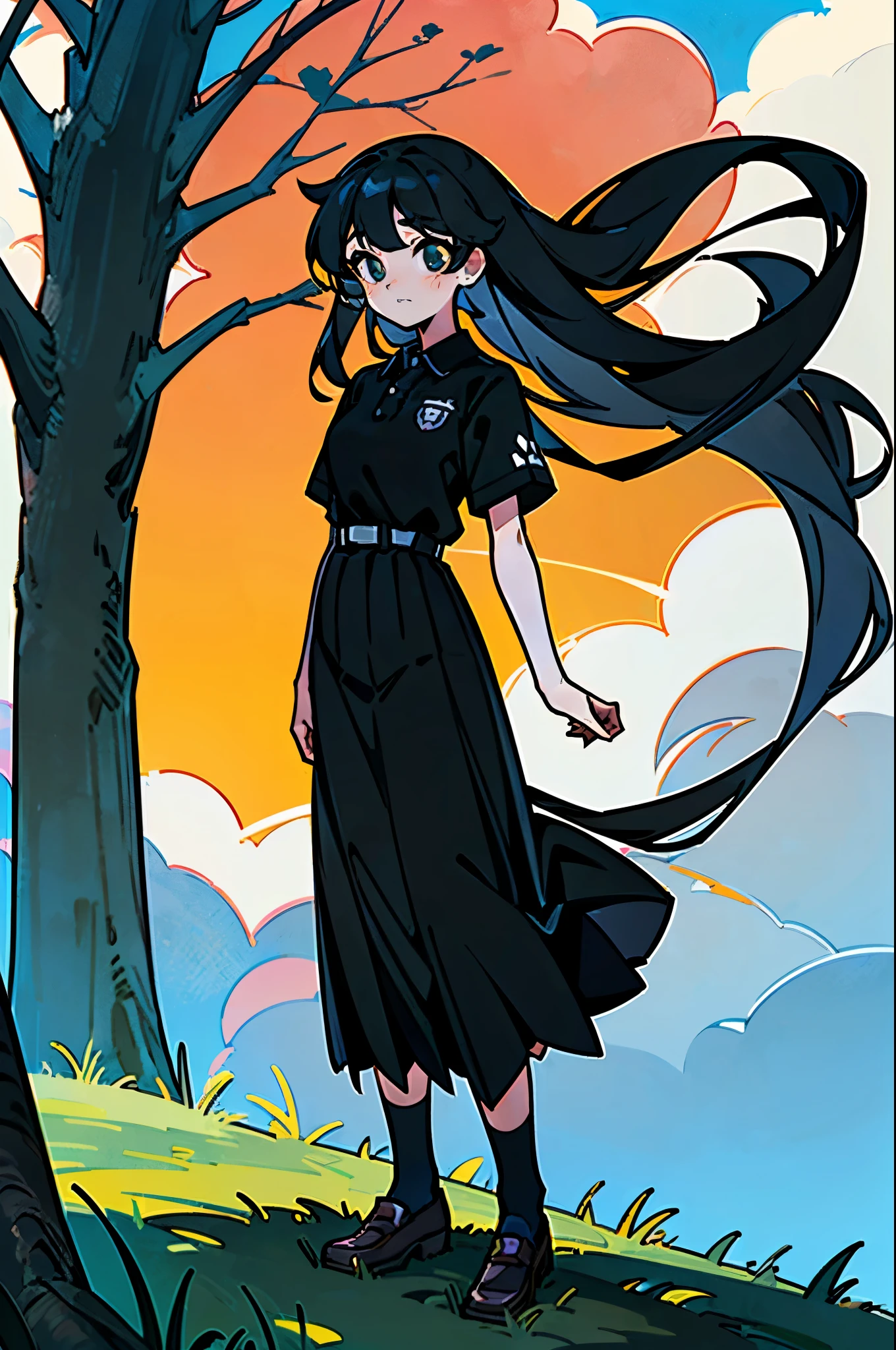 18-yrs old female with (long, black, straight hair), (tall), (cute clean beautifully drawn face without any make-up with moderately tall nose), with (school uniform with ((plain,very long, black skirt)), black ribbon, white polo and black belt), (full body) in great quality, with grassy background with clouds, trees, and people.