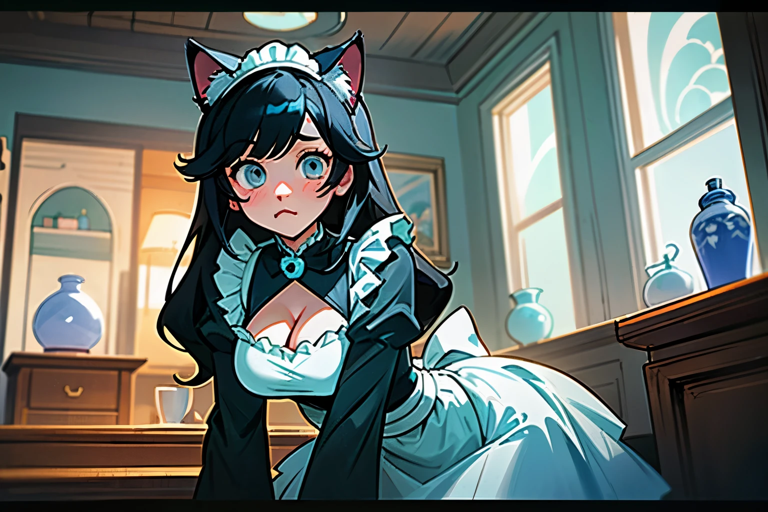Cat ear、cute girl、long black hair、big breasts、I can see the cleavage、Cute white and light blue maid outfit、shy look、inside the house、Lots of knickknacks in the background
