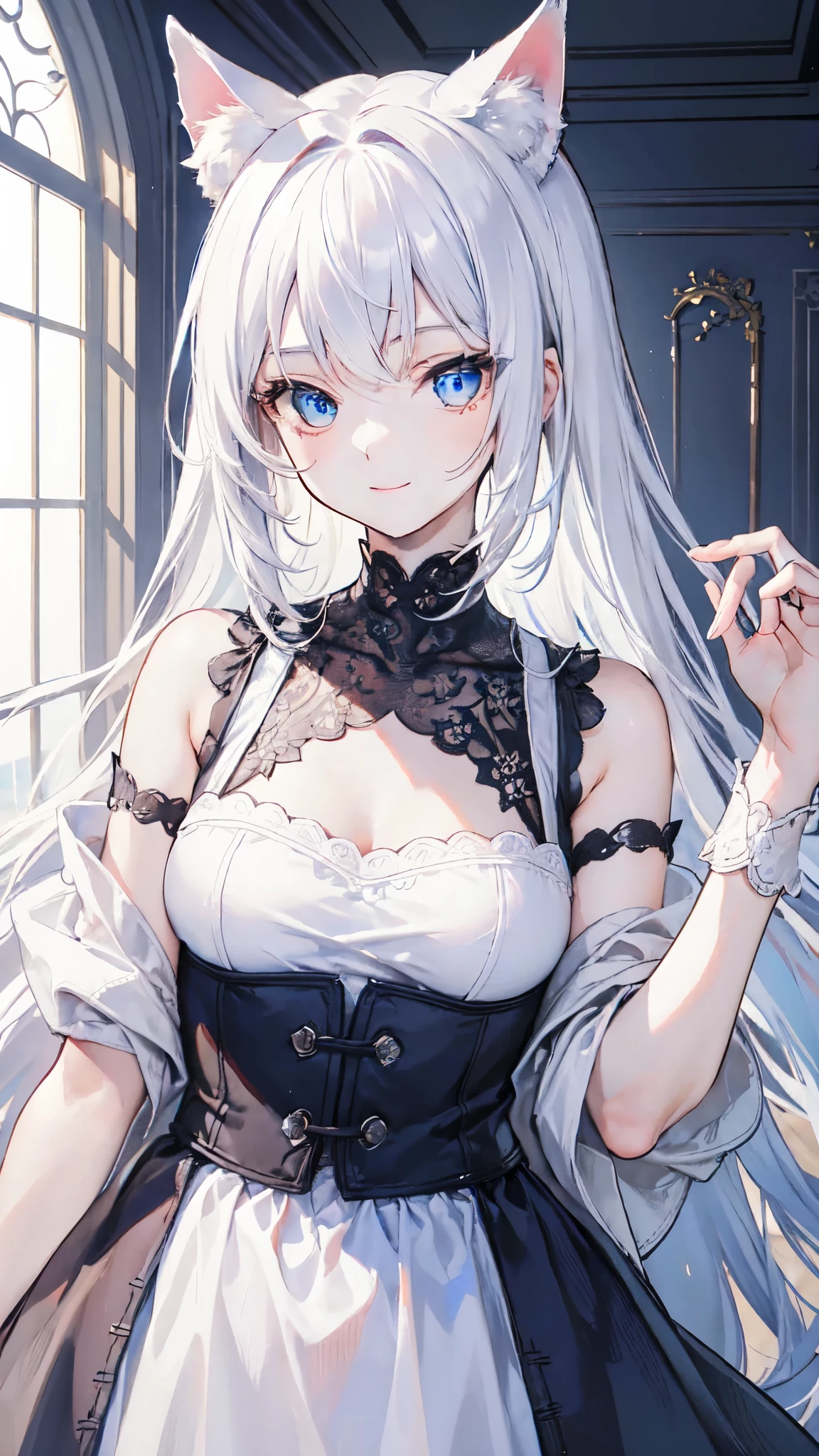 masutepiece, Highest Quality, (Perfect face:1.1), (high detailing:1.1), (ultradetailed eyes), Dramatic, superfine illustration, Extremely detailed, 1girl in,teenager, (pale skin), long white hair, Ethereal eyes, Blue eyes,blush,Solo,Smile, Happy, Laugh, Enjoy, Open mouth, Pouty lips,Cinematic lighting,upper body,looking up,Long sleeve,Blue Princess dress,indoor,night,dynamic pose,snow,winter