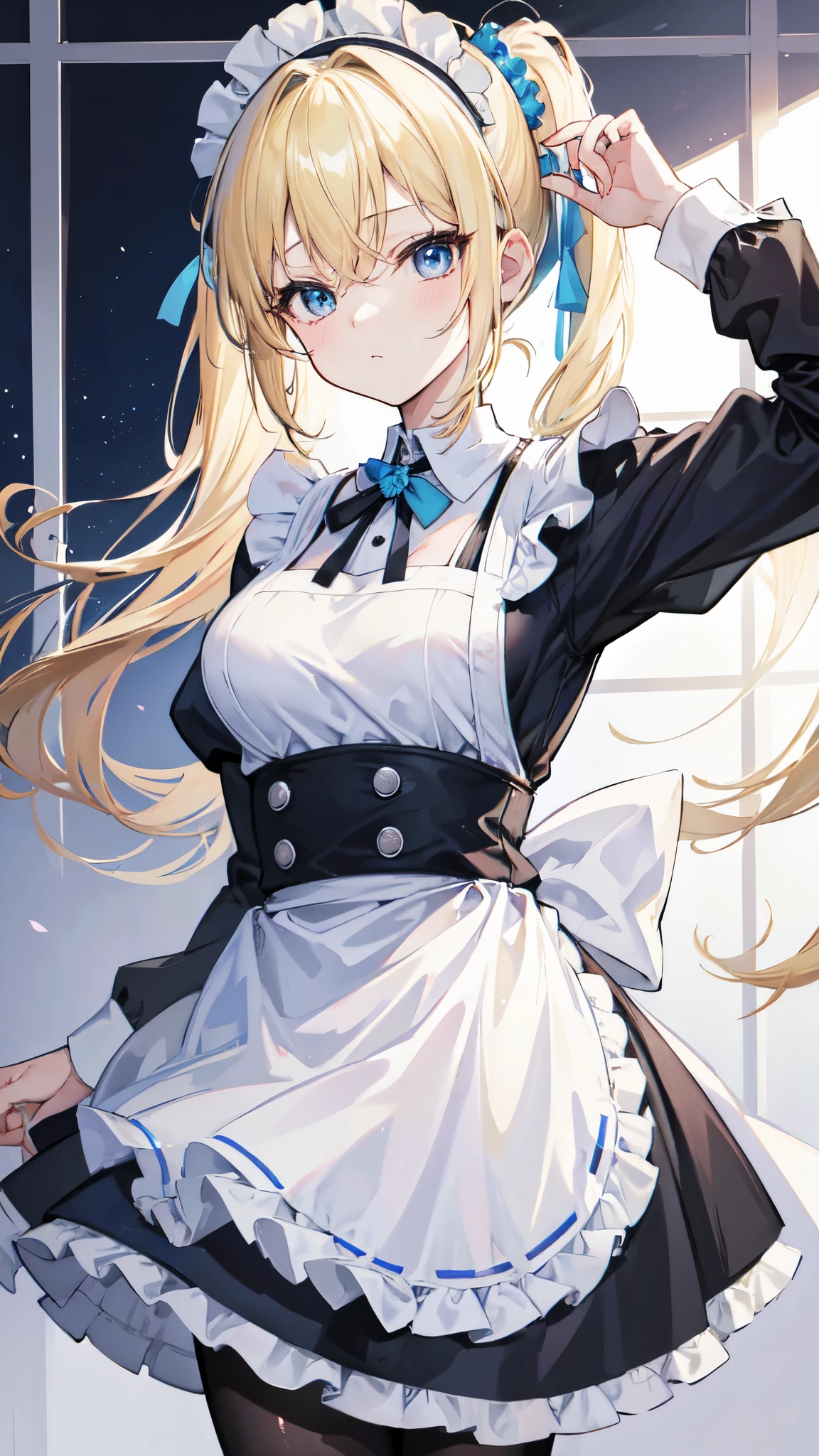 masterpeace, best quality, highres, 1girl, hayasaka ai, solo, blonde hair, maid, blue eyes, side ponytail, hair scrunchie, hair ornament, blue scrunchie, maid headdress, apron, hair between eyes, breasts, long sleeves, bangs, white shirt, black dress, sidelocks, maid apron, black pantyhose, cowboy shot,