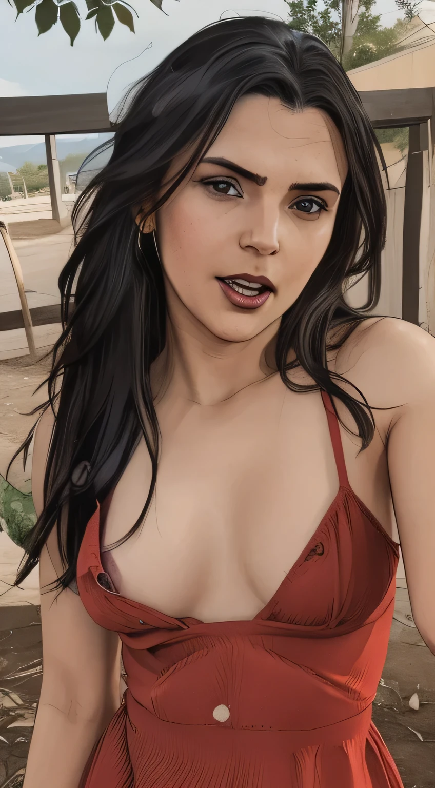 close-up, looking at viewer, girl in, age30, Solo, Aesthetic artwork, irish,  (long straight black hair, brown eyes), A-cup, runners body, (gape, textured skin, skin pores, open mouth:1.1), goosebumps, in a red sundress, downblouse, sexy, taking a close-up selfie, no hands ((hands hidden, open mouth)), (nipslip:1.15)