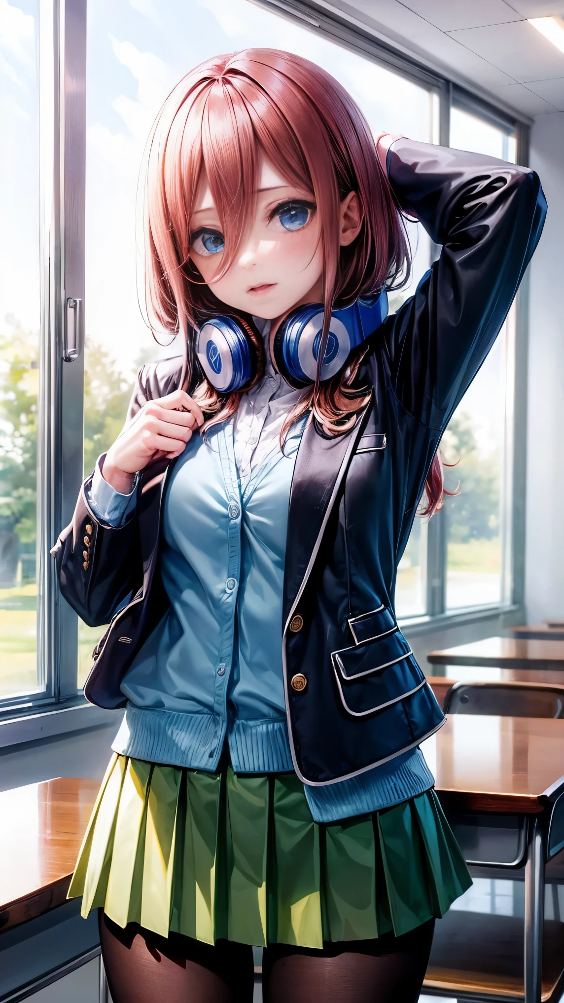 highest quality、1girl,((gloomy:1.3)),Nakano Miku,Miku Nakano,nm1, headphones around neck, , long sleeves, blue cardigan, green skirt, pantyhose, black jacket, open jacket,mini skirt,lift skirt,panties under pantyhose,white panties,classroom