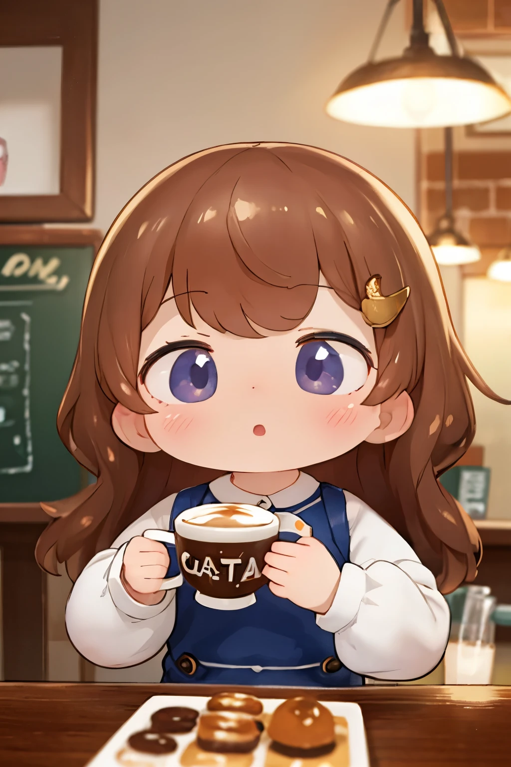 Photoreal、A  has a surprised face after having her portrait drawn with cafe latte art