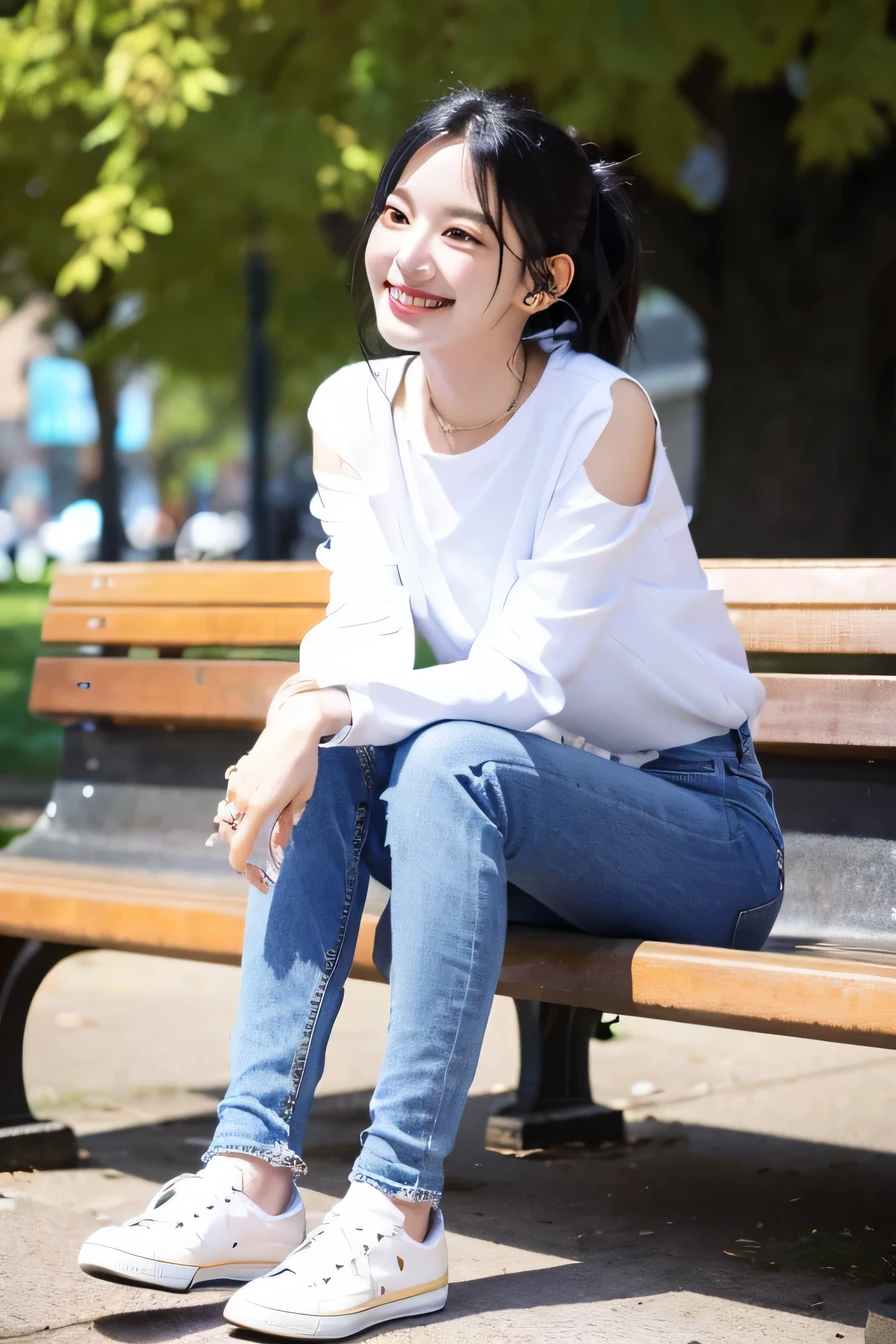 A neat and beautiful woman sitting on a park bench、black hair、long sleeve blouse、ear piercing、skinny denim、sneakers、smile。、beautiful teeth、full body photo
