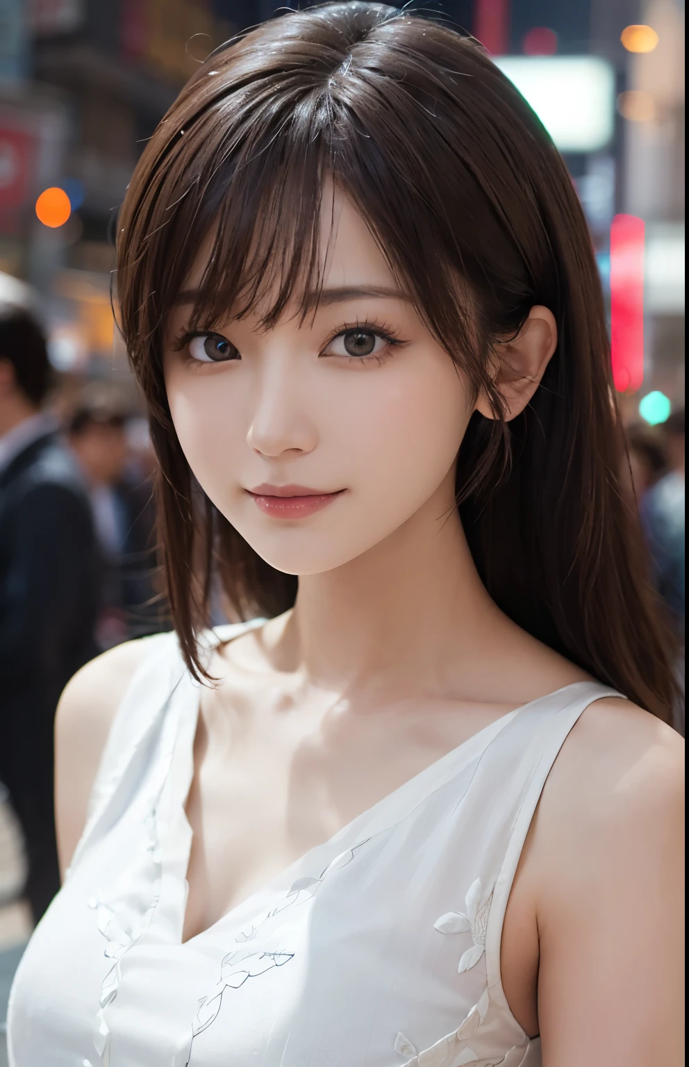 masterpiece, 1 beautiful girl, detailed, eye swelling, highest quality, 超High resolution, (reality: 1.4), original photo, 1 girl, movie lighting, smile, Japan, asian beauty, Korean, neat, so beautiful, a little young face, beautiful skin, thin, cyberpunk background, (超reality的な), (figure), (High resolution), (8K), (very detaileded), (best figure), ( beautiful and detaileded eyes), (super detailed), (wallpaper), (detaileded face), looking at the viewer, fine detaileds, detaileded face, deep shadow, modest, Pure erotic face ace_V1, smile, 46 point diagonal bangs, look straight ahead, neat clothes, black eyes, open your mouth