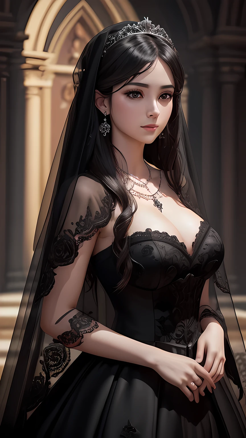 (Masterpiece), best quality, highest quality, highly detailed CG unity 8k wallpaper, original, high resolution, (depth of field: 1.5), fidelity: 1.3, breasts, bride portrait style, 1 girl, altar background, black veil , black wedding dress, necklace lou, solo, earrings, black_hair, red bouquet of roses