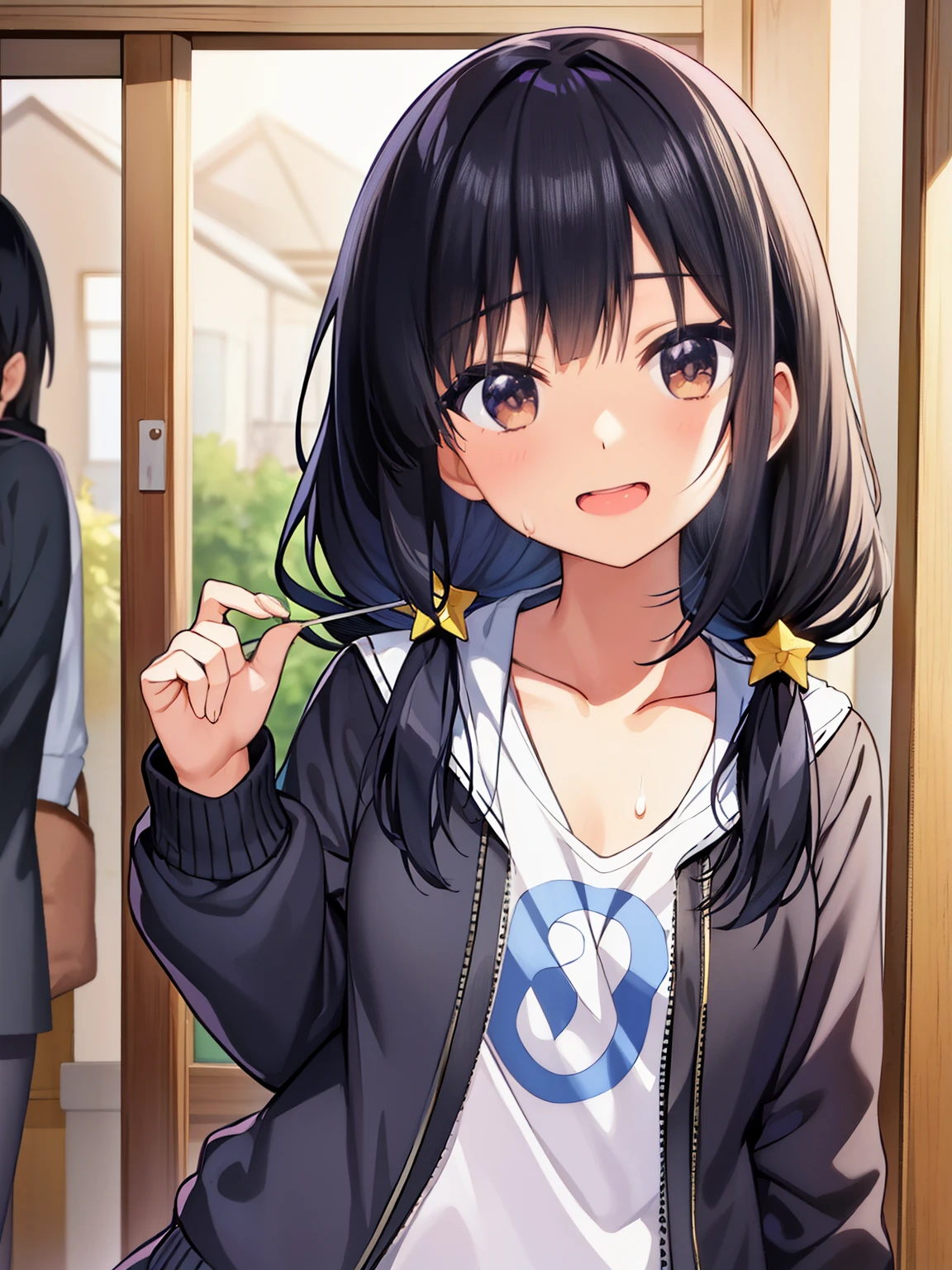 idiot girl、Ruri Akutsu、black hair少女、black hair、star、twin tails、hair ornaments、brown eyes、open your mouth、long hair、starのhair ornaments、1 girl、青いbow、bow、shirt、drops of sweat、bangs、smile day々I&#39;m trying to study, but I&#39;m not getting any results.、『Pretty』or『Aitatsu!』I&#39;m a fan of children&#39;s anime such as、Yoshikoni『Pretty』When I was invited to go see the movie, my eyes lit up.。