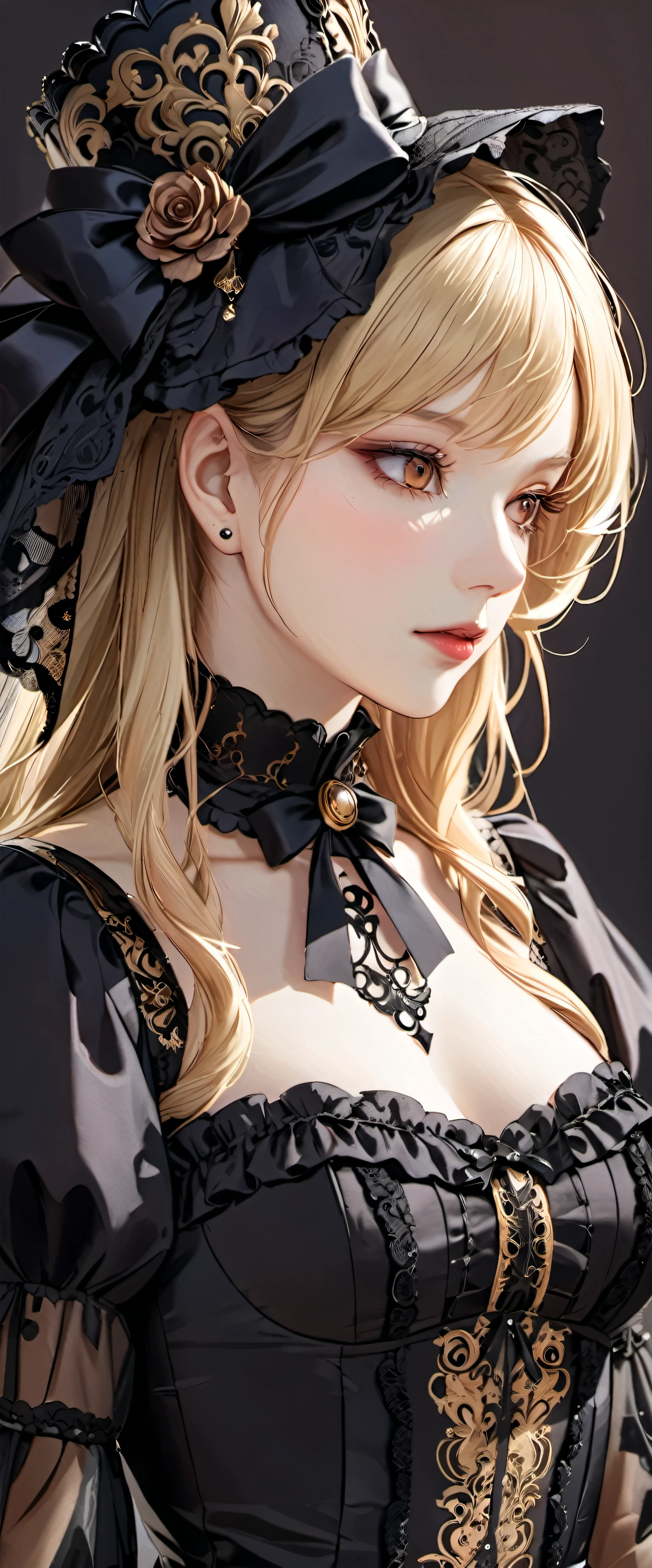 woman wearing dress and boots , baroque dress, wearing a detailed steampunk dress, elegant gothic princess, victorian gothic ta fashion, historical baroque dress dark, black gothic loliress, fantasy style clothing, rococo dress, black rococo, fantasy costume, wearing a gothic dress, romantic dress, gothic dress,blonde,,(((upper body portrait)))