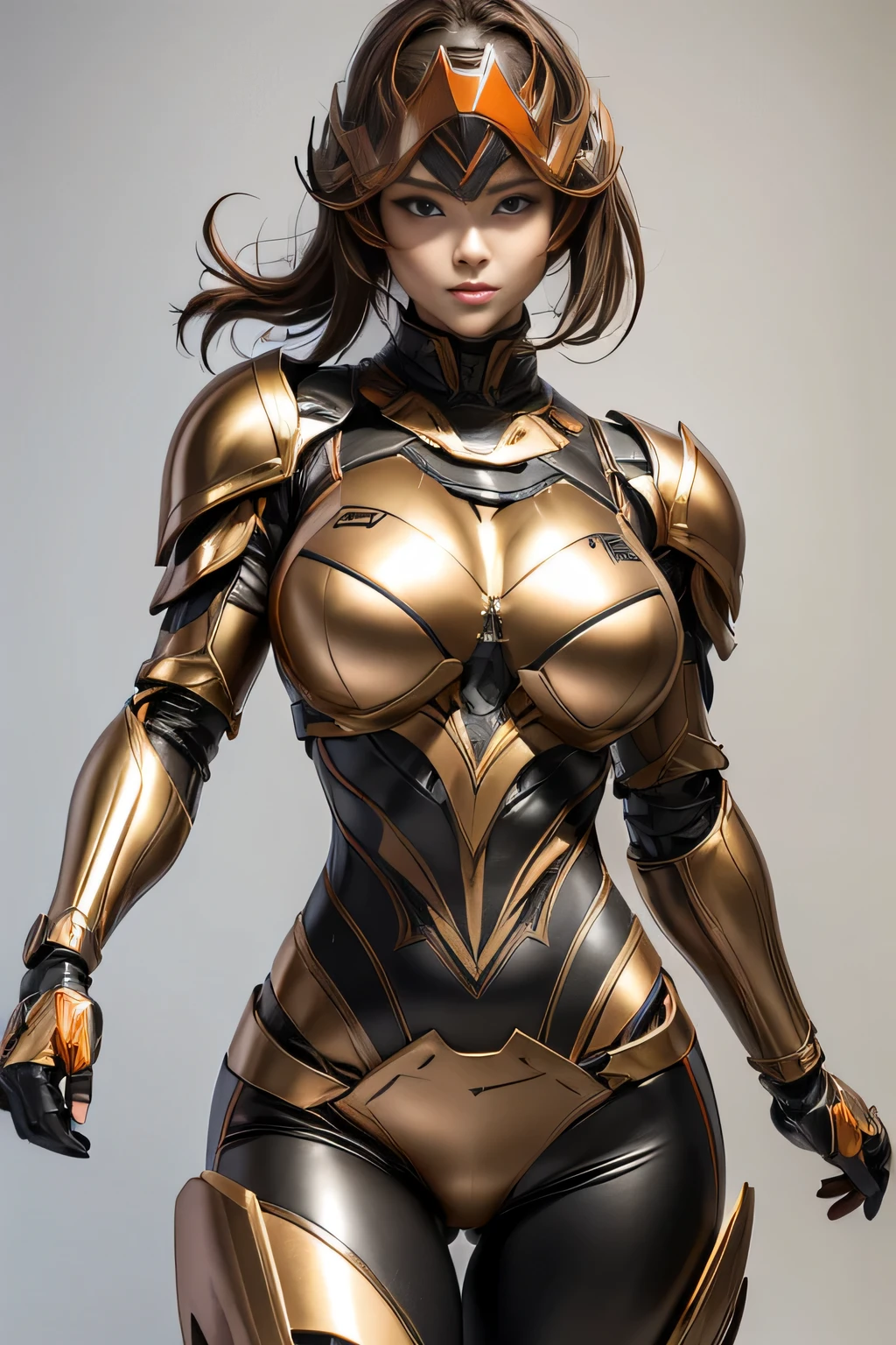 female robocop solo、Armor that completely covers the whole body、very large armor、Helmet covering the head、Eyes hidden by thin straight goggles:1.3、The lower half of the face is raw:1.5、The lower half of the face is exposed、luscious lips、orange metallic armor、Armor that completely covers the chest、thin and long legs、Vibrant posel body view,big and full breasts:1.5, (sports body:1.5)、five fingers、photos around town