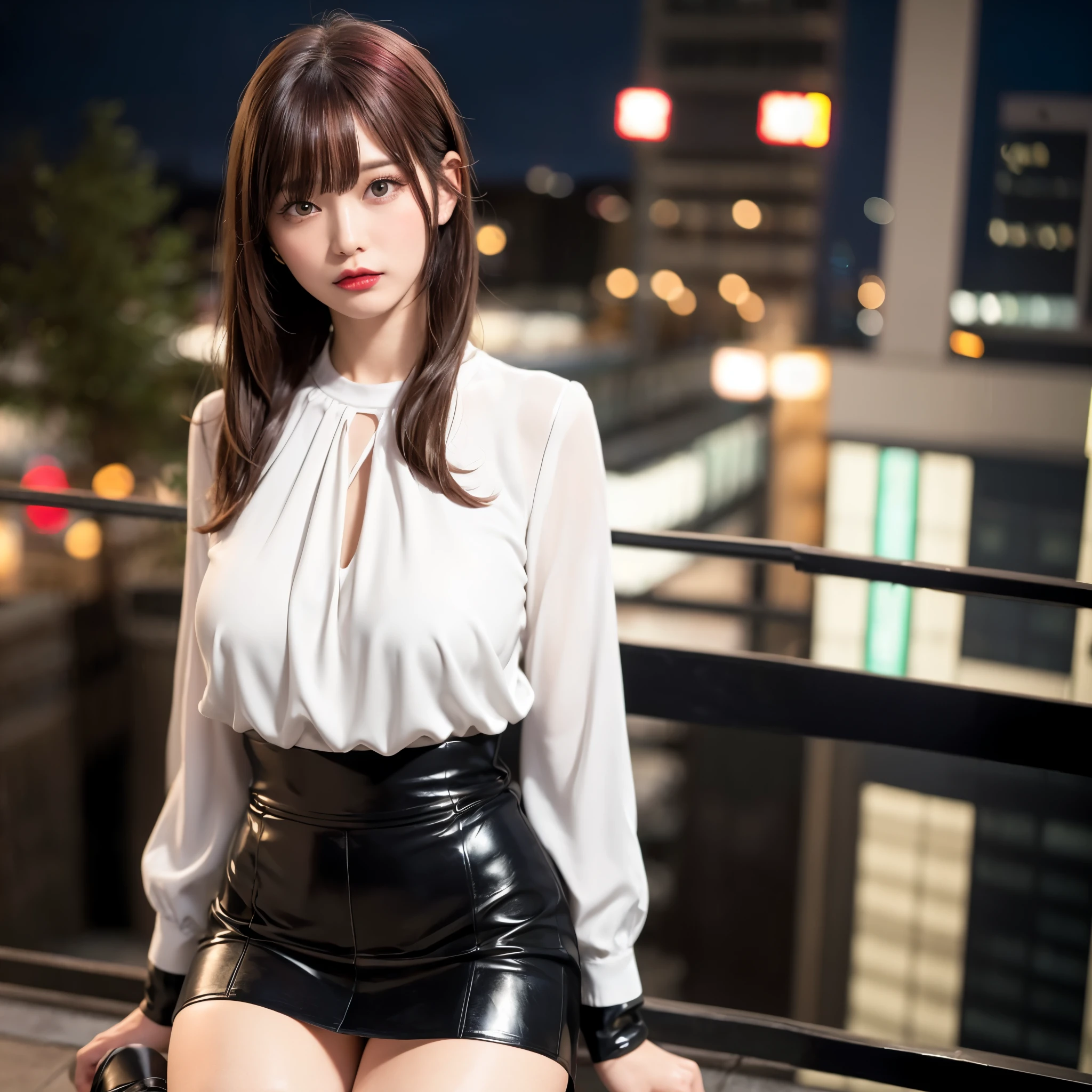 araffe woman in black leather shorts and white blouse sitting on a ledge, smooth white tight clothing suit, korean female fashion model, white silky costume, Atsuko Kudo wearing latex costume, wearing a blouse, very sexy costume, sexy costume, sexy style, wearing a black latex costume, smooth clear white skin, black leather slim clothes, white blouse
