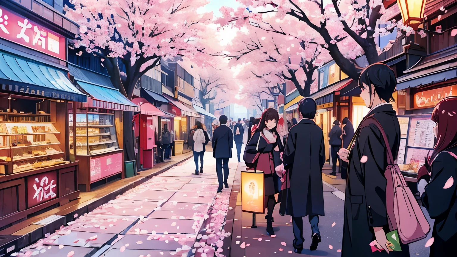 Cherry blossoms blooming in a modern city, bright colors, 騒がしいstreet, city lights, cherry blossom petals, floating in the air, capital city skyline, Crowd of people,  architecture, romantic atmosphere, Cityscape at dusk, cherry blossom petalsが舞い散る, like confetti, modern skyscrapers, street, Cherry blossoms lined up, Bright neon sign,  Life, cherry blossom petalsが歩道を覆う, Combination of traditional and modern elements, Busy intersections, Cherry tree, illuminated by street lamps, energetic atmosphere, Cherry blossom festival in the city center, Vibrant nightLife, A harmonious combination of nature and city, 風になびくcherry blossom petals,  oasis, decorated with cherry blossoms, international atmosphere, A street vendor selling cherry blossom-themed products.