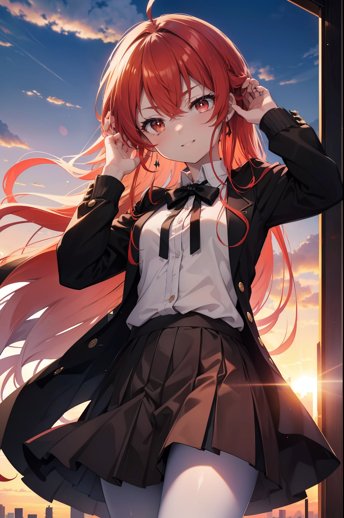 Eris Greyrat, you become greyrat, Ahoge, hair between eyes, long hair, (red eyes:1.5), redhead, side lock, (small breasts:1.2),happy smile, smile, open your mouth,break black ヘアバンド, black ribbon, white Y-shirt,red cardigan,black blazer　Front open,black pleated skirt,white stockings,brown loafers,sunset,evening,the sun sets,
break looking at viewer,look up from below,
break outdoors, city,building street,
break (masterpiece:1.2), highest quality, High resolution, unity 8k wallpaper, (shape:0.8), (fine and beautiful eyes:1.6), highly detailed face, perfect lighting, Very detailed CG, (perfect hands, perfect anatomy),