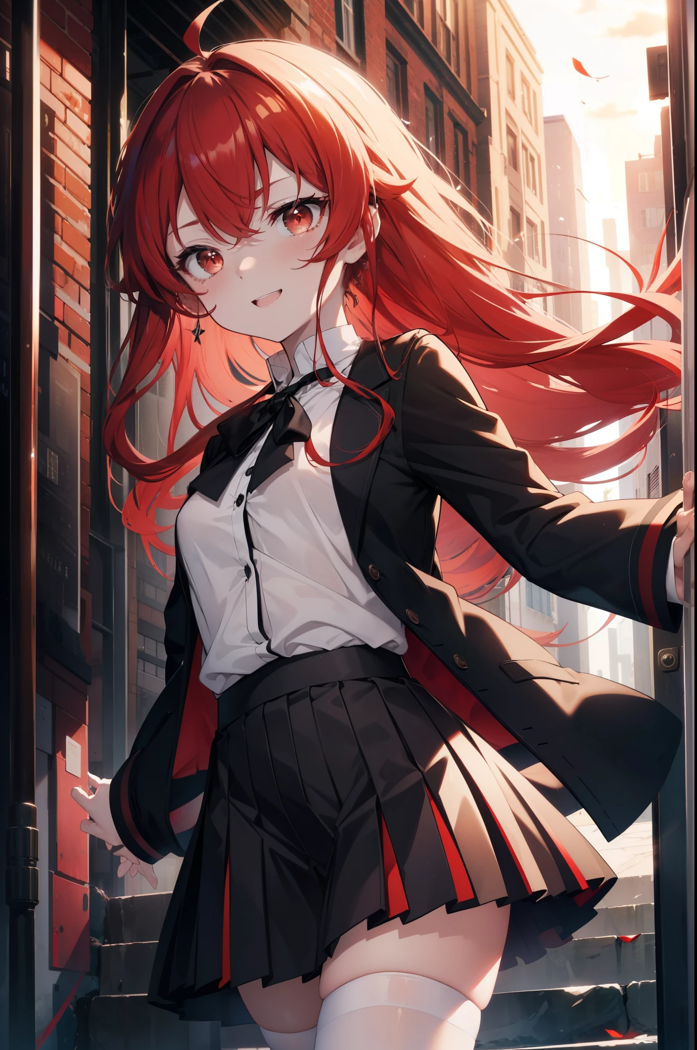 Eris Greyrat, you become greyrat, Ahoge, hair between eyes, long hair, (red eyes:1.5), redhead, side lock, (small breasts:1.2),happy smile, smile, open your mouth,break black ヘアバンド, black ribbon, white Y-shirt,red cardigan,black blazer Front open,black pleated skirt,white stockings,brown loafers,sunset,evening,the sun sets,
break looking at viewer,look up from below,
break outdoors, city,building street,
break (masterpiece:1.2), highest quality, High resolution, unity 8k wallpaper, (shape:0.8), (fine and beautiful eyes:1.6), highly detailed face, perfect lighting, Very detailed CG, (perfect hands, perfect anatomy),