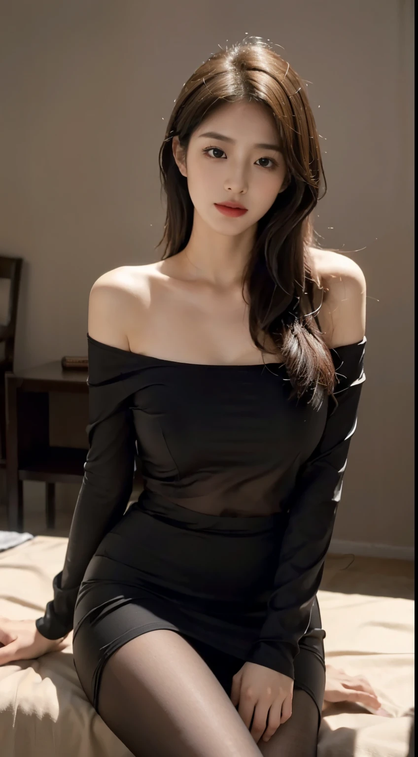((realistic lighting, best quality, 8K, master piece:1.3)), sharp focus:1.2,Korean woman lying on a luxurious table,hair with volume,delicate face,Photoreal,Wearing a gray dress,With hip wrap, cropped, Gradeless,off shoulder,dress around the neck,Worn in black transparent pantyhose,slim,Sexy,large chest groove,Viewer's perspective is at the top