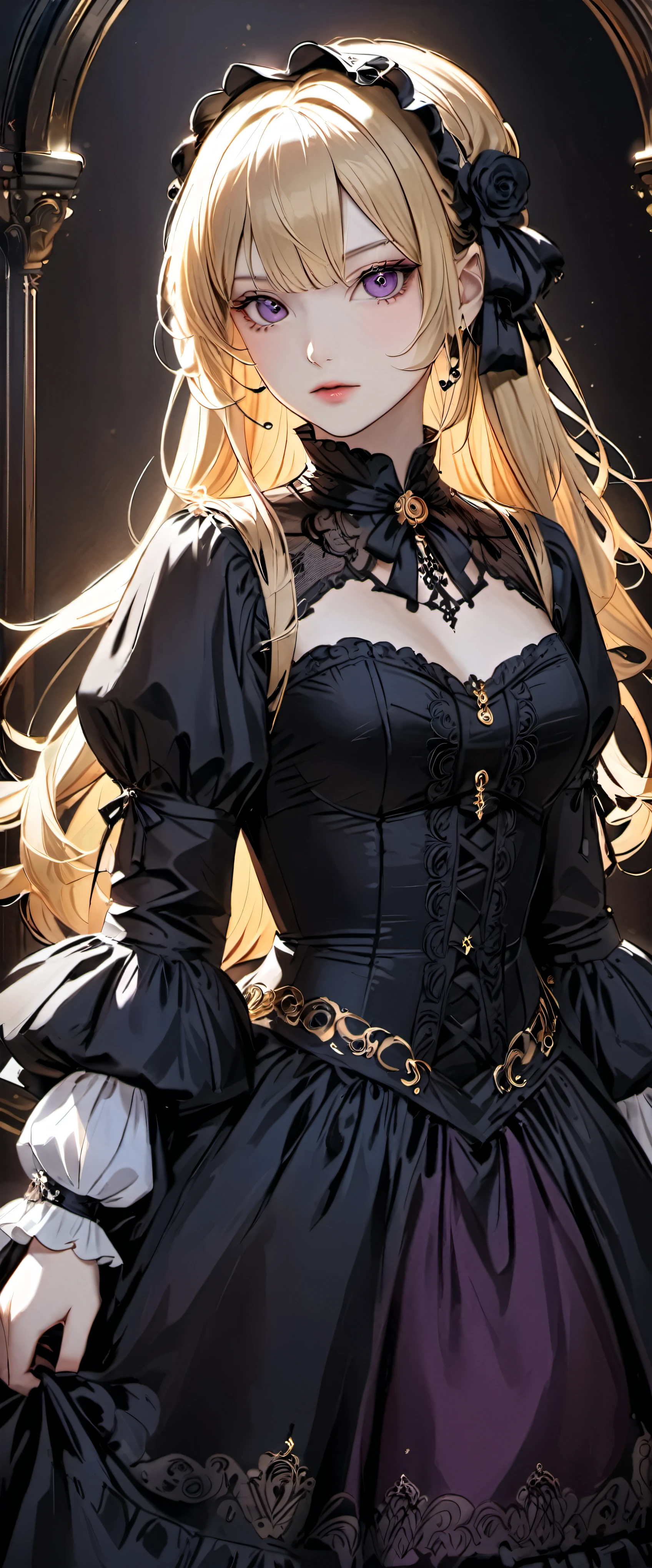 woman wearing dress and boots , baroque dress, wearing a detailed steampunk dress, elegant gothic princess, victorian gothic lolita fashion, historical baroque dress dark, black gothic lolita dress, fantasy style clothing, rococo dress, black rococo, fantasy costume, wearing a gothic dress, romantic dress, gothic dress,blonde,,(((upper body portrait)))