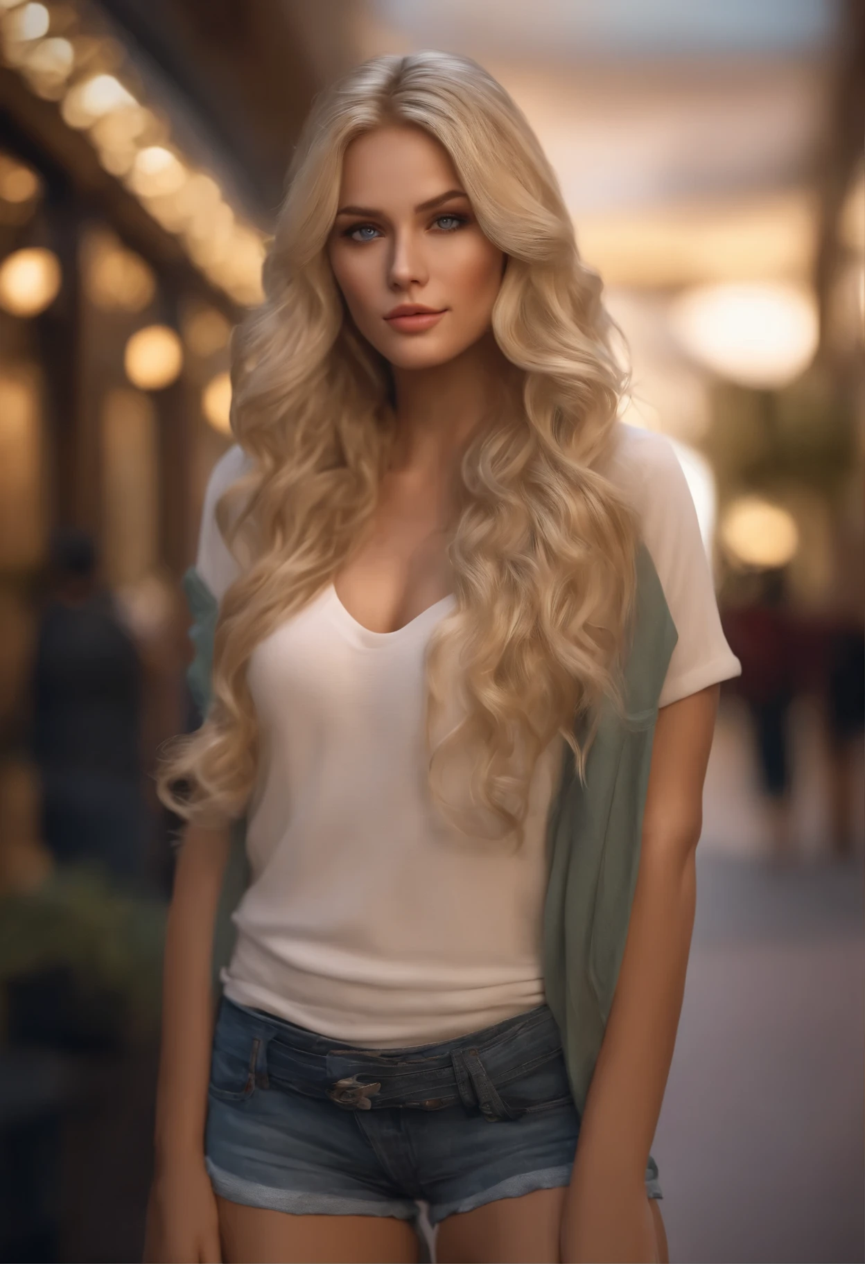 Blonde girl with extra long wavy blonde hair, detailed alluring eyes, long sexy legs, wearing tiny shorts, t-shirt, ((detailed facial features)), (finely detailed skin), pale skin, realistic skin texture, extreme skin details, (pores:0.1), in the background beautiful mall, best quality masterpiece, photorealistic, hyperrealistic, detailed, 8k, HDR, (Soft color: 1.2), shallow depth of field, broad light, high contrast, backlighting, bloom, light sparkles, chromatic aberration, sharp focus, RAW color photo