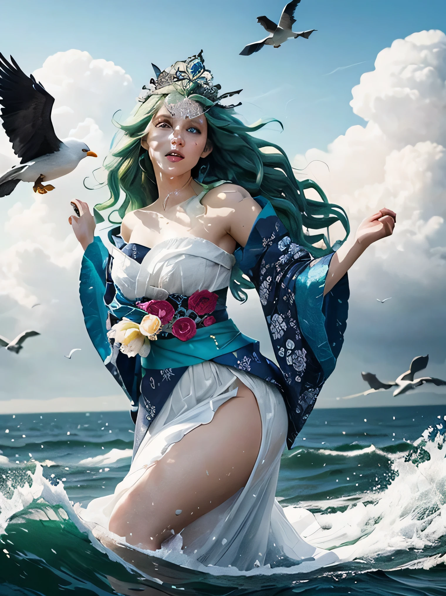 Green hair, very very long wavy hair, hair strands, super details, 1girl, flowy white strapless dress, wide sleeves open kimono, high tides, flying birds, water splashing, queen, frills-trimmed, intricate luxurious headpiece, blue eyes, victorian era, medium shot, blue sky on sunny day with dramatic clouds on background....