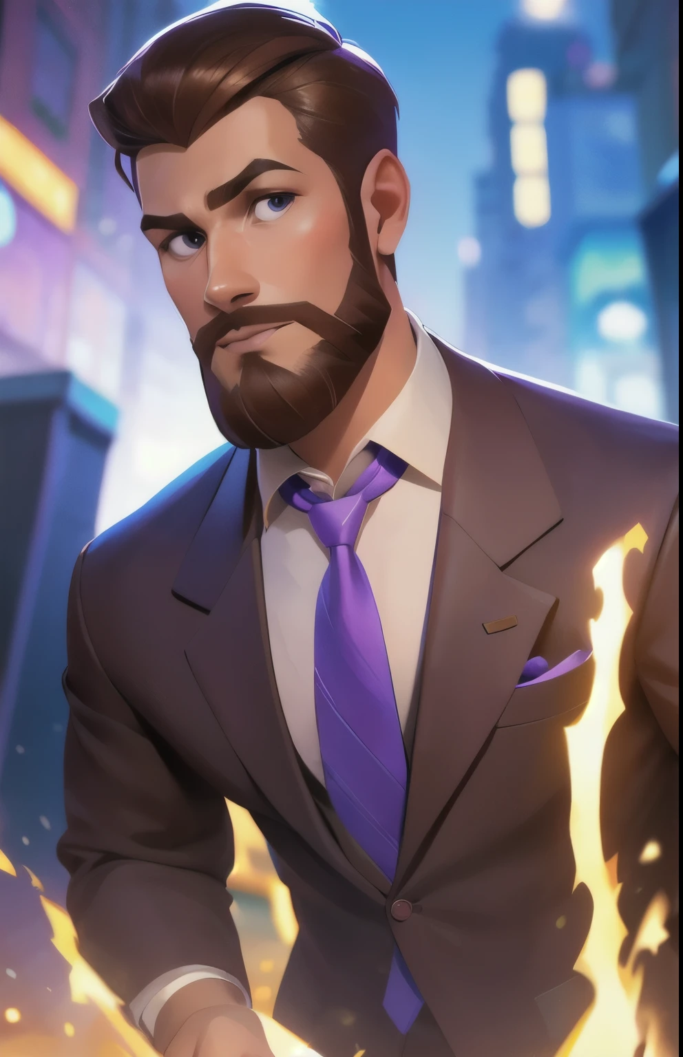 Concept art, character illustration, European and American cartoons, 1boy, male focus, necktie, solo, facial hair, formal, purple necktie, brown hair, looking at viewer, suit, upper body, shirt, blurry background, realistic, jacket, blurry, short hair, vest, hand up, white shirt, beard, collared shirt