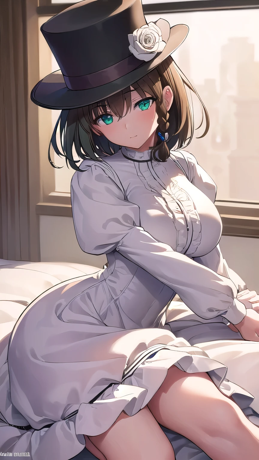 charlotte cody, Charlotte Corday, Braid, brown hair, (green eyes:1.5), short hair, side Braid, break hat, hat flower, juliet sleeves, long sleeve, plump sleeves, (white dress:1.5), frills, top hat, black top hat,
break looking at viewer,
break indoors,
break (masterpiece:1.2), highest quality, High resolution, unity 8k wallpaper, (figure:0.8), (detailed and beautiful eyes:1.6), highly detailed face, perfect lighting, Very detailed CG, (perfect hands, perfect anatomy), huge sexy pussy, sexy legs:2.0, nude, Not worn, not wearing anything, White sheer stockings, hug your legs, hug your legs, leg hug, スクワット付きleg hug, sex pose, lying down for dick, lying down with leg hug, Her breasts and pussy look so sexy