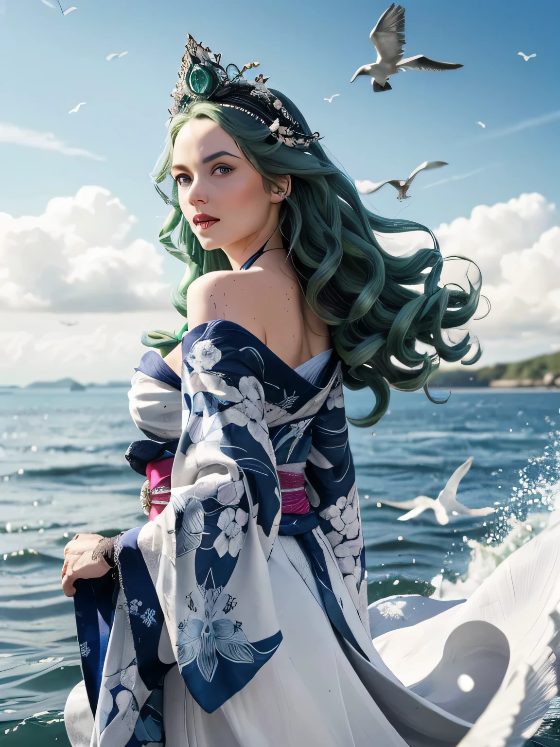 Green hair, very very long wavy hair, hair strands, super details, 1girl, flowy white strapless dress, wide sleeves open kimono, high tides, flying birds, water splashing, queen, frills-trimmed, intricate luxurious headpiece, blue eyes, victorian era, medium shot, blue sky on sunny day with dramatic clouds on background....