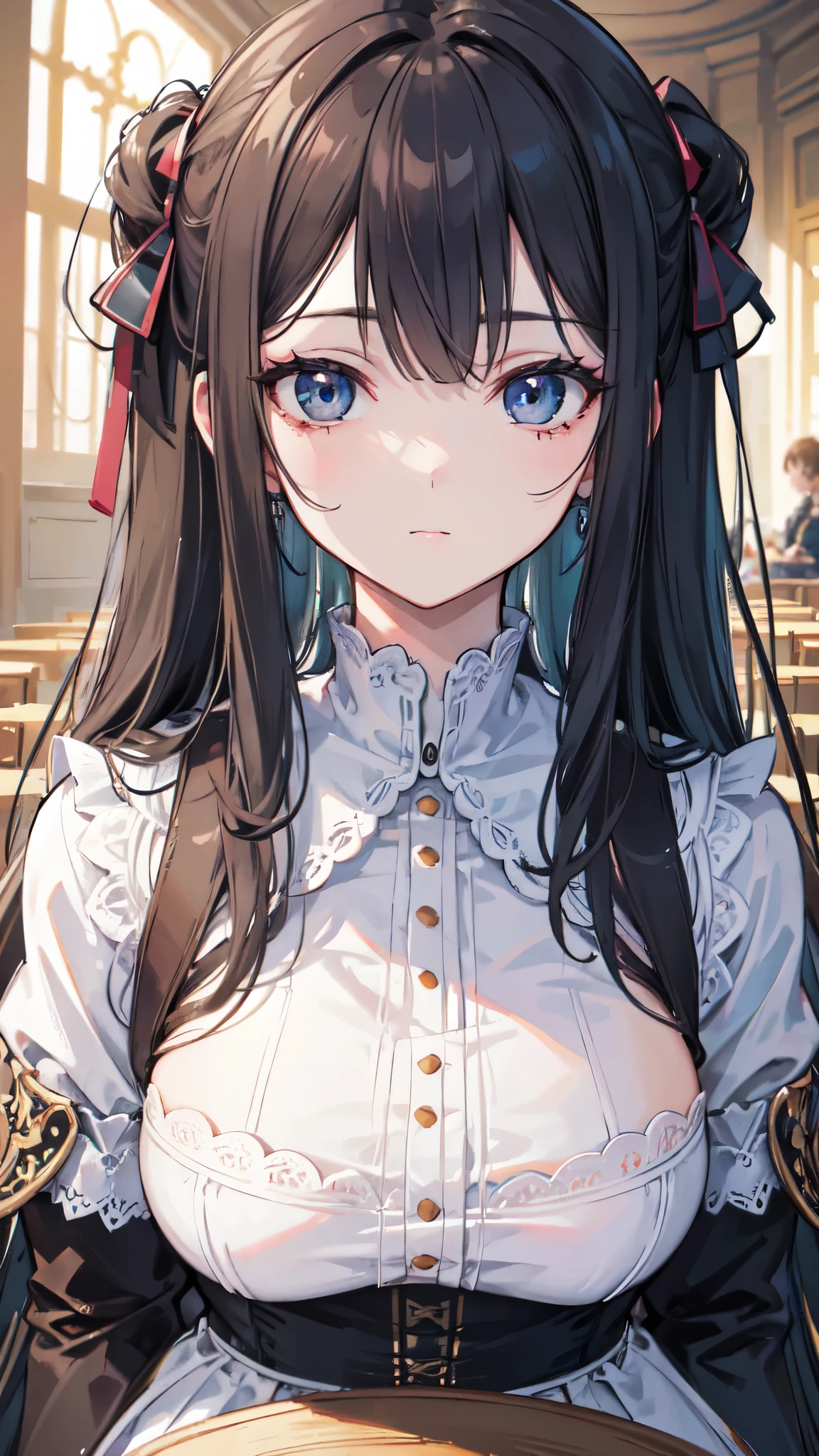 High resolution, highest quality, illustrations, super detail, (detailed face), (detailed eyes) In a venue, a group of people are sitting together and communicating with each other
