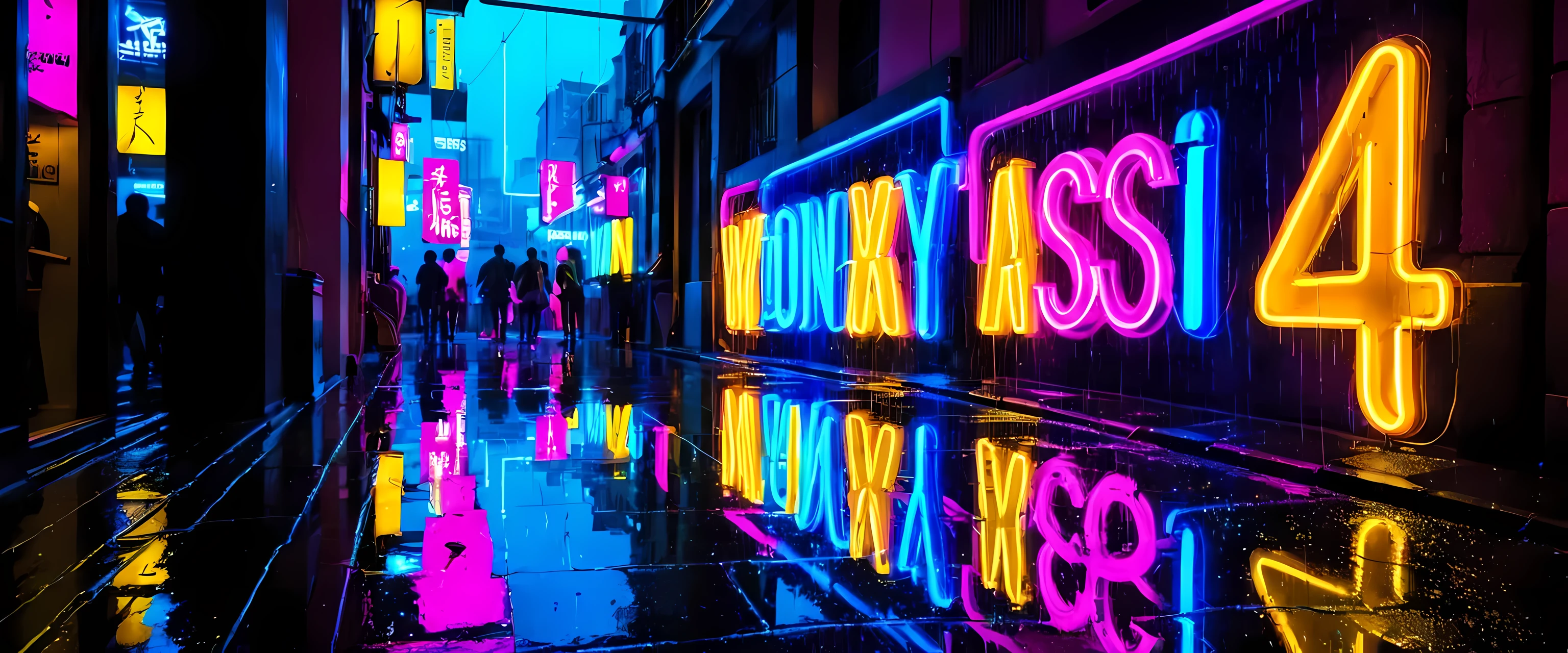 a neon sign in a vibrant city,glowing lights,reflection on wet pavement,raindrops on the sign,misty atmosphere,night scene,bustling crowd,blurry movement,street vendors,high-rise buildings,modern architecture,reflection in windows,shimmering colors,striking contrast,electric energy,fast-paced,urban life,neon pink,blue,green,yellow lights,dynamic composition,dramatic perspective,assign a sense of energy and excitement,create a sense of depth with foreground and background elements