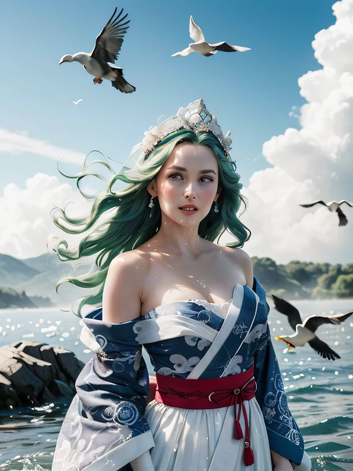 Green hair, very very long wavy hair, hair strands, super details, 1girl, flowy white strapless dress, wide sleeves open kimono, high tides, flying birds, water splashing, queen, frills-trimmed, intricate luxurious headpiece, blue eyes, victorian era, medium shot, blue sky on sunny day with dramatic clouds on background....