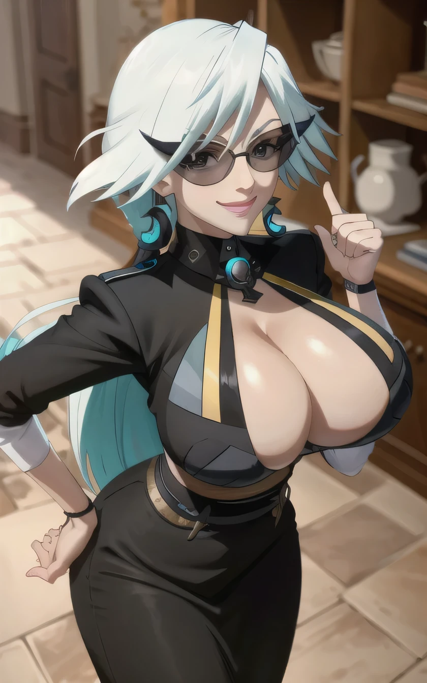 super gigantic breasts,wear black glasses,ancient egype dress,sexy,cute smile,cowbot shot