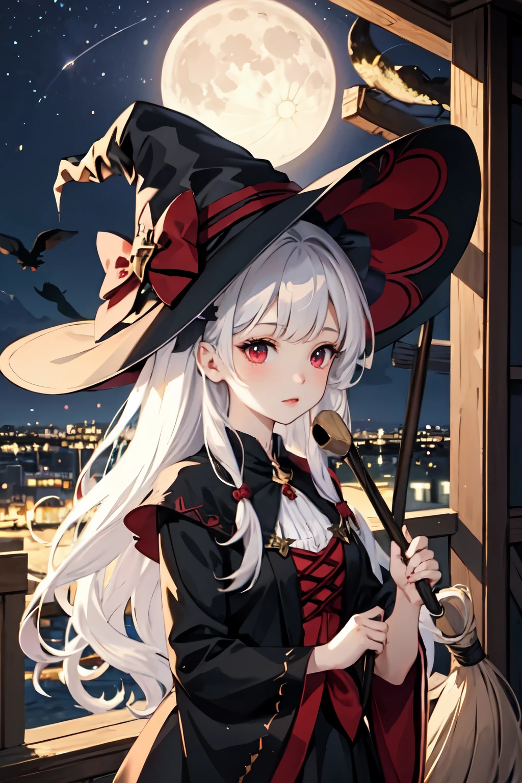 witch、girl、cute、red eyes、3✕3の目、Black cat、moon、
beautiful、flying in the sky on a broom、night、
