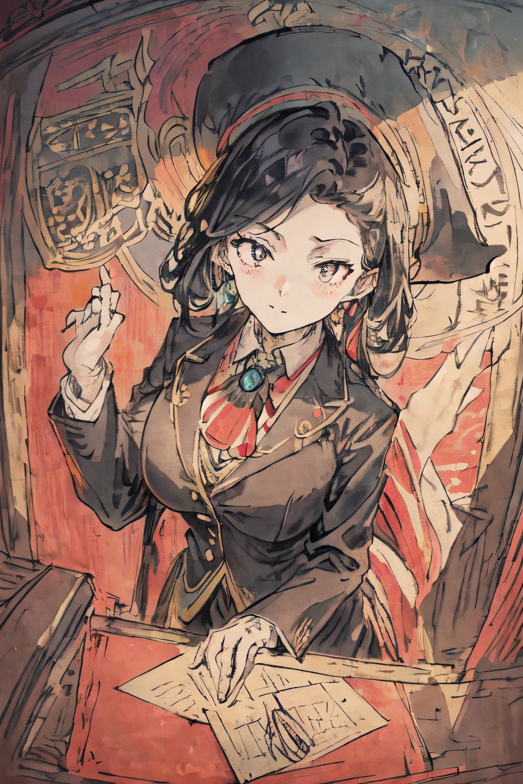 Rich colors，bright colors，woman wearing teacher costume，There is a work badge hanging on the chest，Wearing a wide-brimmed witch hat，perspective from above，high angle，Sophisticated blazer，tense posture，Raise your hand and write with chalk in the air，Strong self-confidence，ornate decorations，classroom background，perfect head，lens with tension