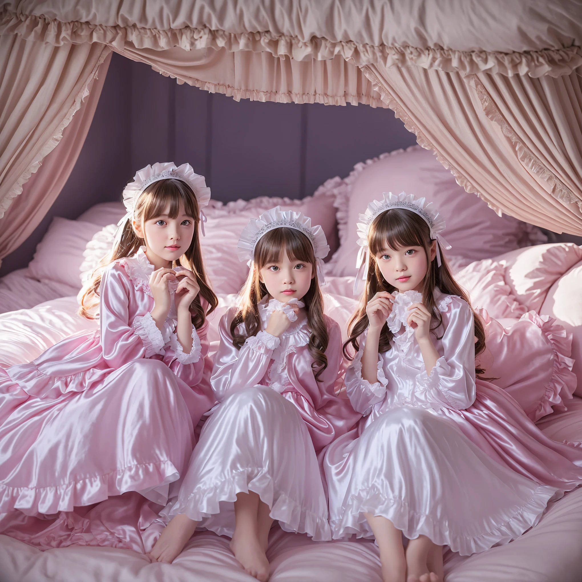,highest quality, masterpiece, highest resolution, artwork, super それにget used to it, many get used to it, get used to it, それにget used to it, 3K realistic photos,,(( girls)),Super detailed baby face,the girlncess,detailed luxury tiara,ruffled yoke collar,Detailed braided ribbon on chest,puff sleeves,long sleeve,((ロリータスタイルのホットピンクのロングスカートのワンピースのpajamas、Comes with lots of frills and ribbons。)),crazy'colorful fashion,光沢のあるシルクサテンのpajamas,1920s style long skirt nightgown,headdress with frills and ribbons,soft and smooth silk satin fabric,luxury,Very long blonde hair,blue eyes,white skin european,pajamas,fine white frills and lace,Super long hair that is as tall as your body,white long socks,drawers with lots of frills,castle bedroom at night,luxurious princess bedroom,Super long flowing hair,Above the luxurious and huge canopy king size bed,Pink pillow with lots of frills,Silk satin pink curtains with luxurious ruffles and ribbons surround the bed,girls sitting on the bed,lots of pillows piled up on the bed,(((Both legs are completely hidden inside the skirt))),((((round futon)))),((((A large ruffled futon that covers the entire bed)))),detailed comforter,Detailed bed sheets,bed skirt with ruffles,Deep bed,background with depth,pajamasパーティー,happy girls,