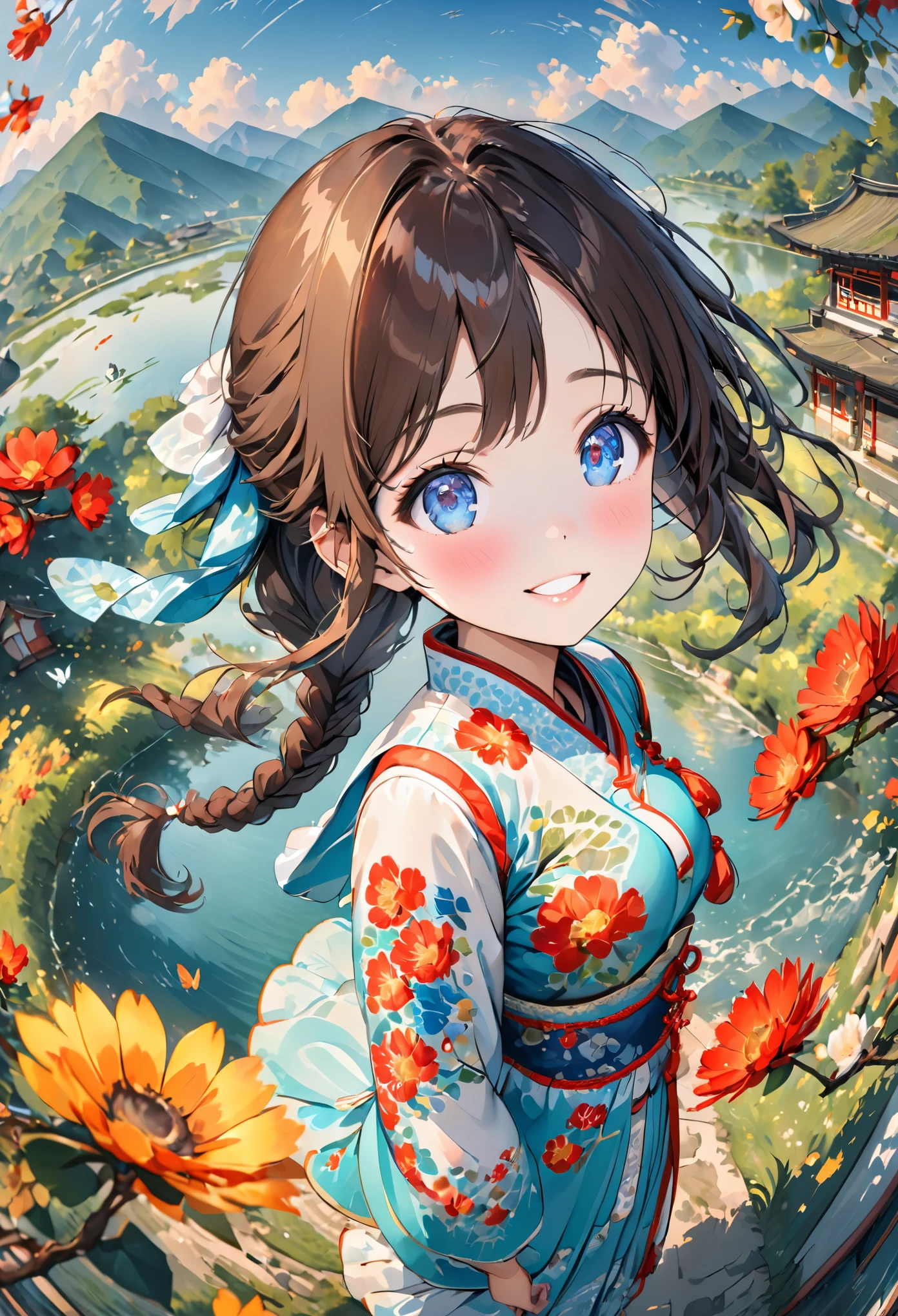 (Highest picture quality), (Master's work), (Detailed eye description),(macro shot:1.25),(8K wallpaper), (Detailed face description),depth of field,(lens flare), falling petals,(standing:0.85), (close-up:0.8),(fisheye:1.2), (1loli:1.2),(from above:1.2),1girl, solo, long hair, outdoors, brown hair, looking at viewer, long sleeves, blue eyes, braid, bangs, grass, dress, blush, standing, smile, flower, full body,tree, day,hair ornament,cloud, parted lips, floating hair, tassel,hair ribbon, bug, floral print, sky, medium breasts, braided ponytail, butterfly, water, animal, closed mouth, socks, single braid, white socks, cloudy sky, east asian architecture, red flower, sidelocks, branch, mountainous horizon,white flower, rope, obi,Dynamic angle,Bottle bottom,colorful,floating wind
