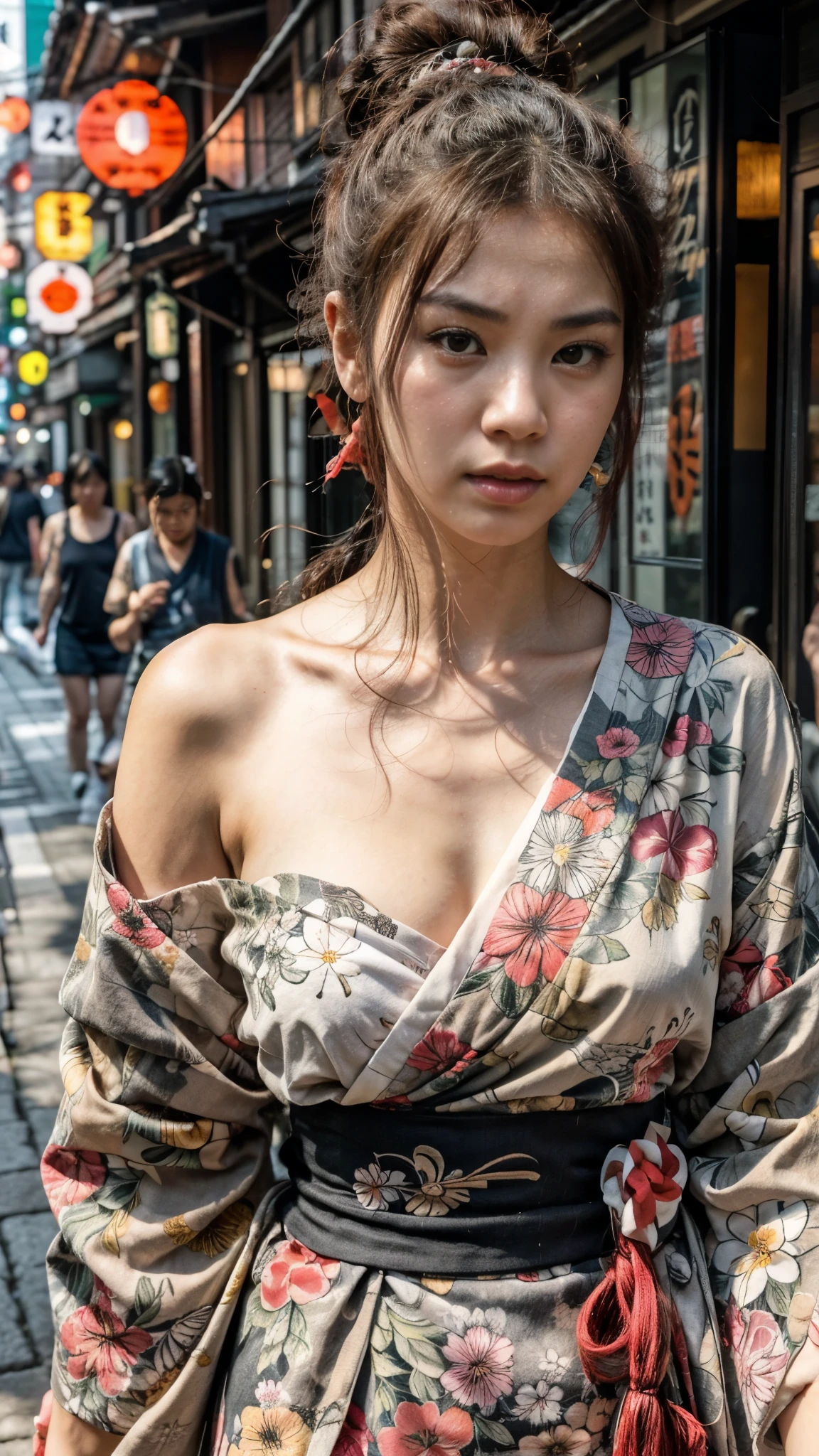 A portrait of a japanese woman with irezumi tattoo, wears floral kimono, that is hanging down exposed her shoulders, traditional buns hair with hair accessories, walking on the street at old city of tokyo, photon mapping, dynamic lighting, morning vibe, vibrant color tones, she is beautiful with white eyes, red hair, slim body, firm and plump breast, soft and smooth skin, athlete posture, anger looks