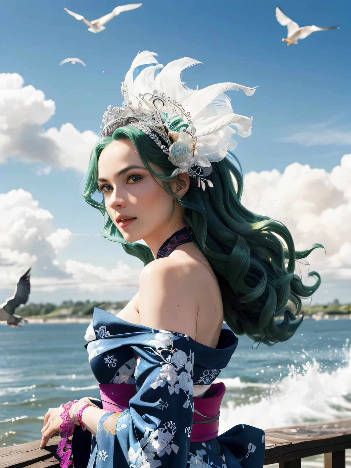 Green hair, very very long wavy hair, hair strands, super details, 1girl, flowy white strapless dress, wide sleeves open kimono, high tides, flying birds, water splashing, queen, frills-trimmed, intricate luxurious headpiece, blue eyes, victorian era, medium shot, blue sky on sunny day with dramatic clouds on background....