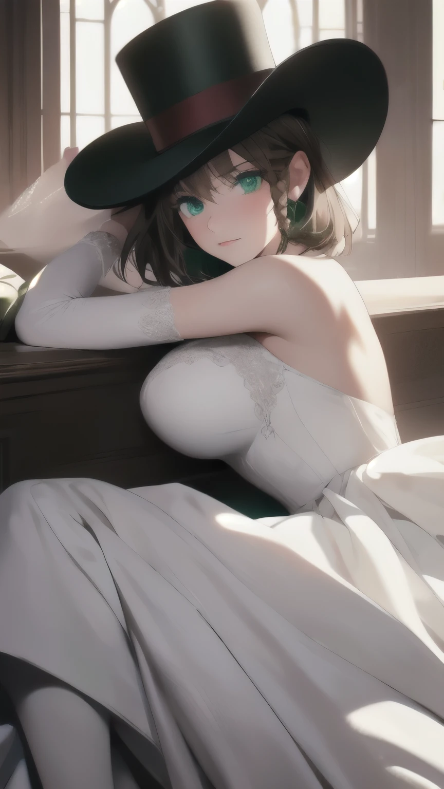 charlotte cody, Charlotte Corday, Braid, brown hair, (green eyes:1.5), short hair, side Braid, break hat, hat flower, juliet sleeves, long sleeve, plump sleeves, (white dress:1.5), frills, top hat, black top hat,
break looking at viewer,
break indoors,
break (masterpiece:1.2), highest quality, High resolution, unity 8k wallpaper, (figure:0.8), (detailed and beautiful eyes:1.6), highly detailed face, perfect lighting, Very detailed CG, (perfect hands, perfect anatomy), huge sexy pussy, sexy legs:2.0, nude, Not worn, not wearing anything, White sheer stockings, hug your legs, hug your legs, leg hug, スクワット付きleg hug, sex pose, lying down for dick, lying down with leg hug, Her breasts and pussy look so sexy