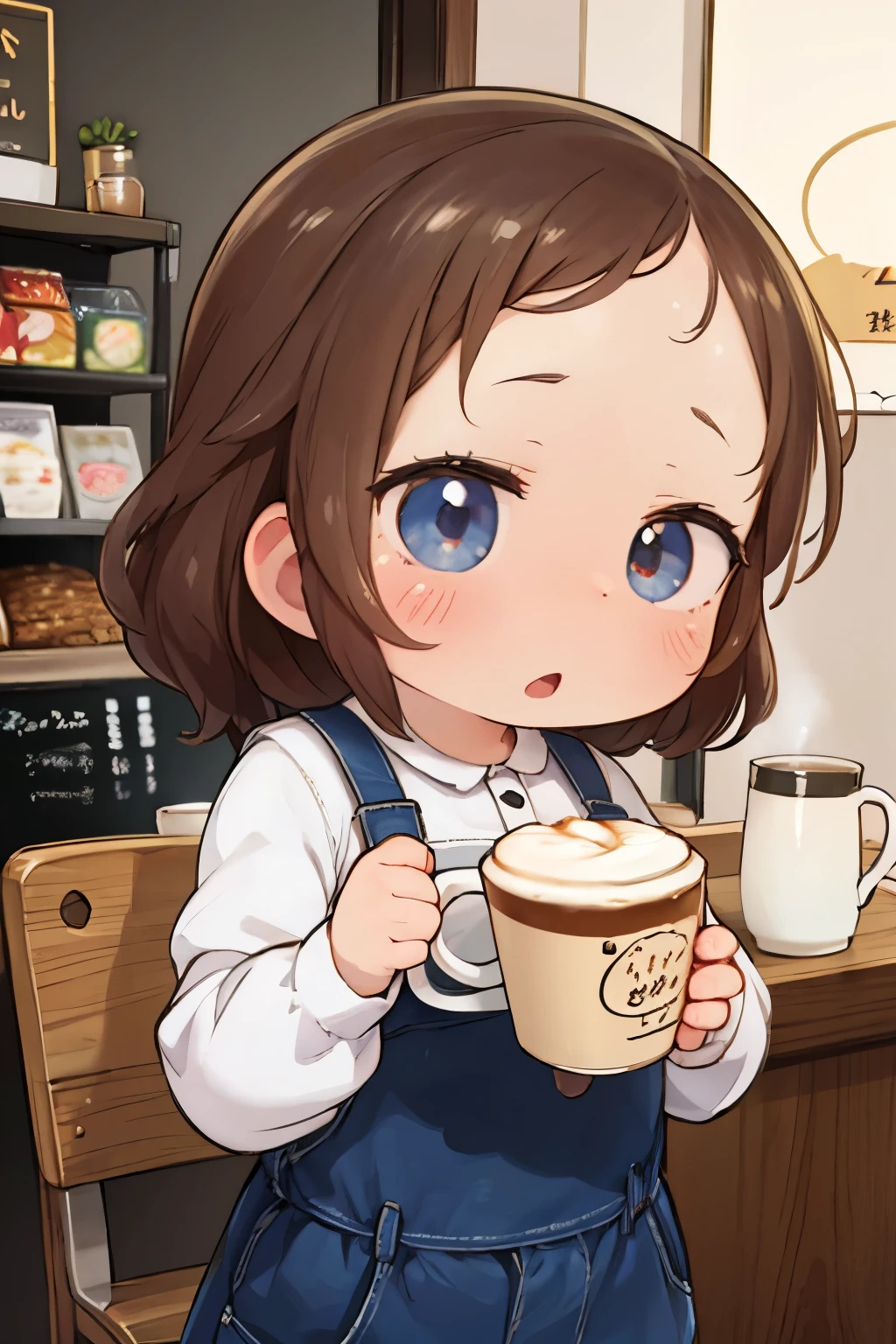 Photoreal、Chibi girl surprised to see artistic cafe latte art