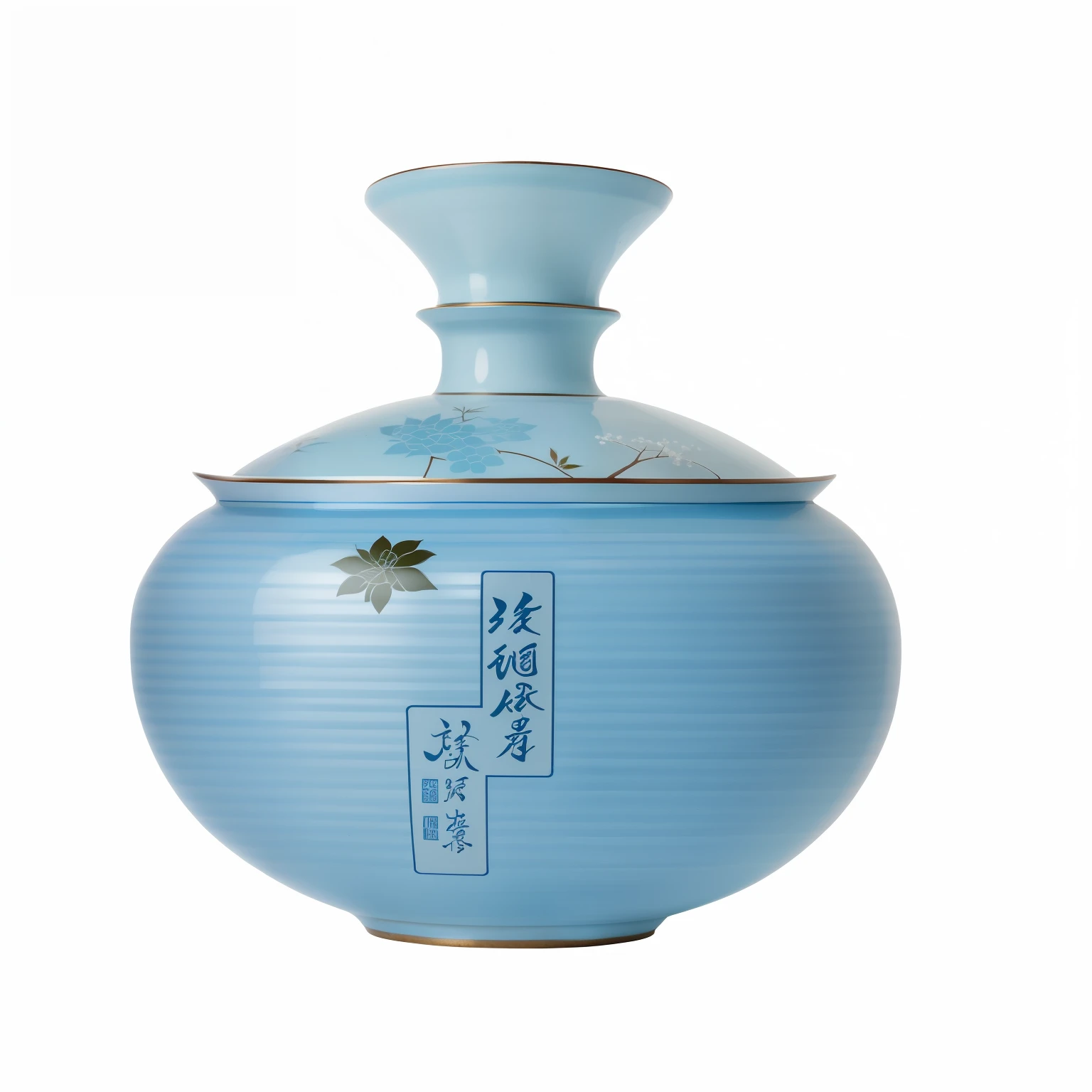 industrial design,hyper-realistic style ,8K Ultra HD, digital SLR, soft light ing, high quality,There is a blue vase,It says Chinese, round bottle, Sake, With Japanese text, japanese vase, bottle, perfume bottle, inspired author:General Zhou Wen, complete equipment, Inspired by Sesshu Toyo, author:General Zhou Wen, Yukinobu Hoshino, round