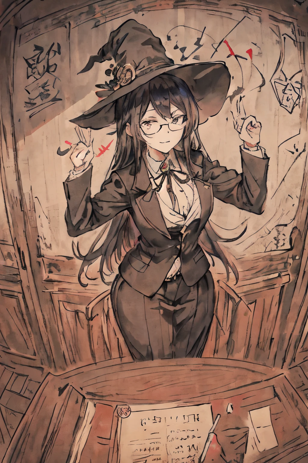 woman wearing teacher costume,There is a work badge hanging on the chest,Wearing a wide-brimmed witch hat,perspective from above,high angle,Sophisticated blazer,tense posture,Raise your hand and write with chalk in the air,Strong self-confidence,ornate decorations,classroom background,perfect head,lens with tension