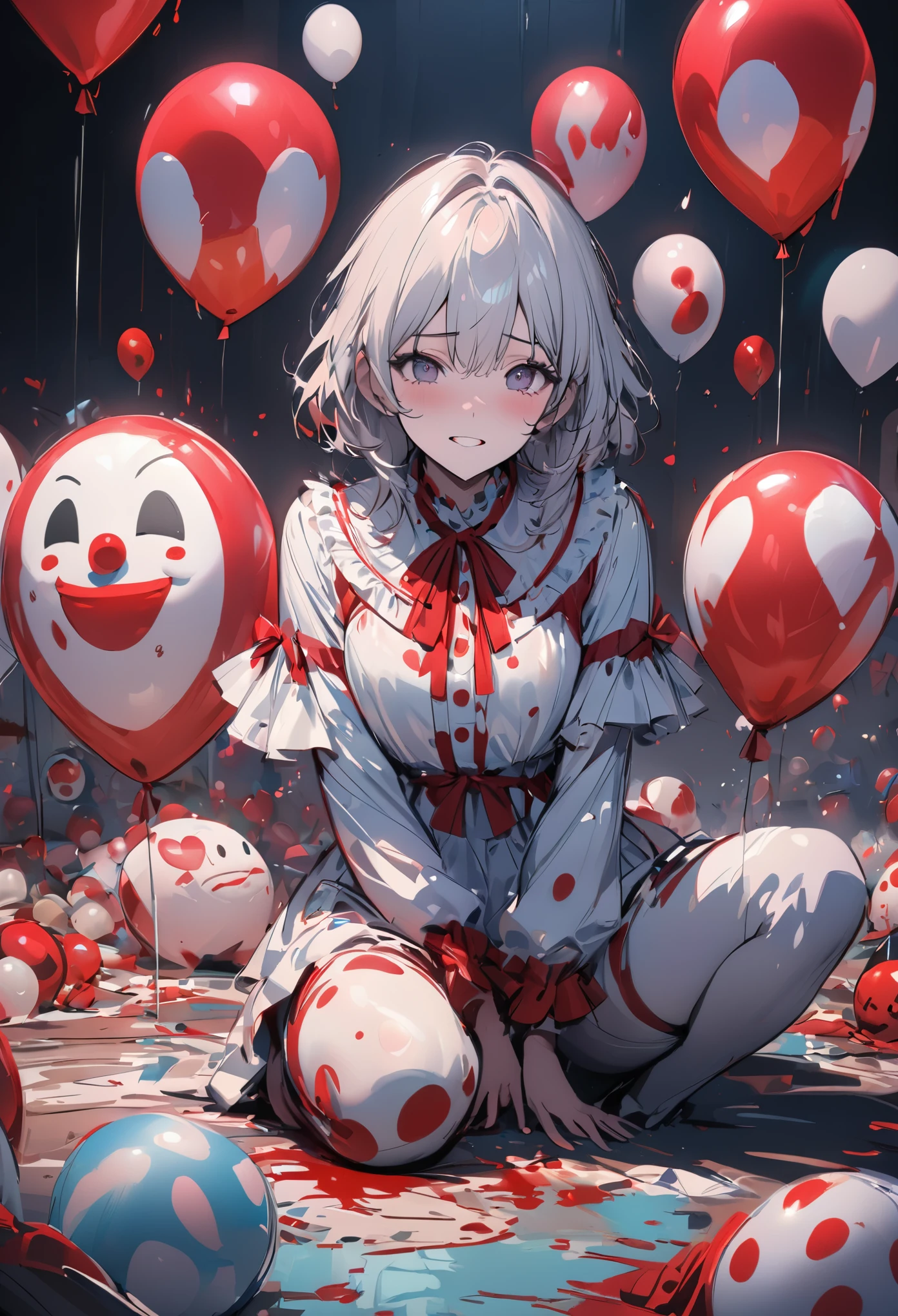 (Masterpiece Painting:1.3) of (Sketch:1.3),(Sad:1.3) 1clown, boy, Gorgeous clown suit,blood bleeding from the heart position,looking at viewer,ballons everywhere, red and white as the color theme,dark background,some smiley emojis hidden in the dark