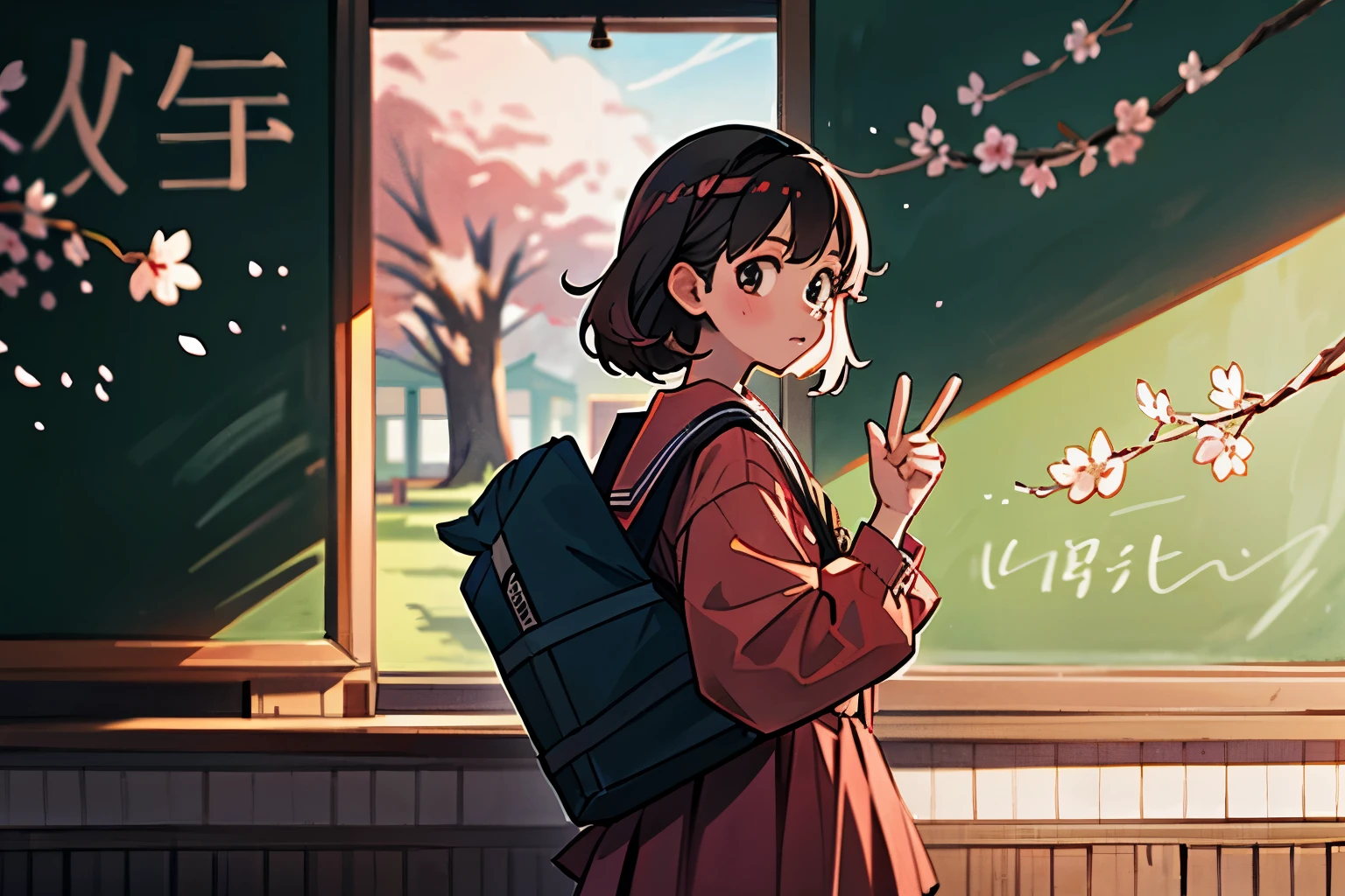 graduation ceremony、、two girls、peace、looking straight ahead、inside the classroom、Many pictures of cherry blossoms are drawn on the blackboard.、He has a black tube containing his diploma.