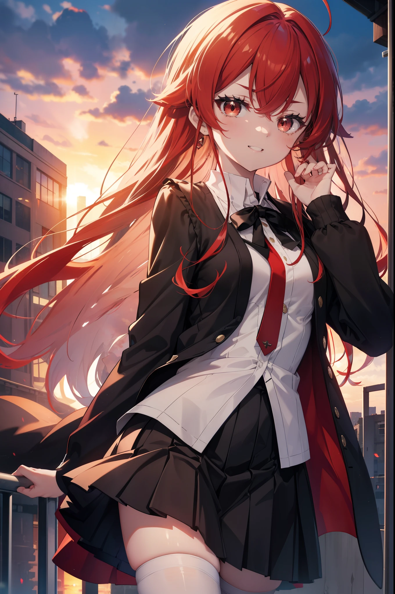 Eris Greyrat, you become greyrat, Ahoge, hair between eyes, long hair, (red eyes:1.5), redhead, side lock, (small breasts:1.2),happy smile, smile, open your mouth,break black ヘアバンド, black ribbon, white Y-shirt,red cardigan,black blazer　Front open,black pleated skirt,white stockings,brown loafers,sunset,evening,the sun sets,
break looking at viewer,look up from below,
break outdoors, city,building street,
break (masterpiece:1.2), highest quality, High resolution, unity 8k wallpaper, (shape:0.8), (fine and beautiful eyes:1.6), highly detailed face, perfect lighting, Very detailed CG, (perfect hands, perfect ???????),